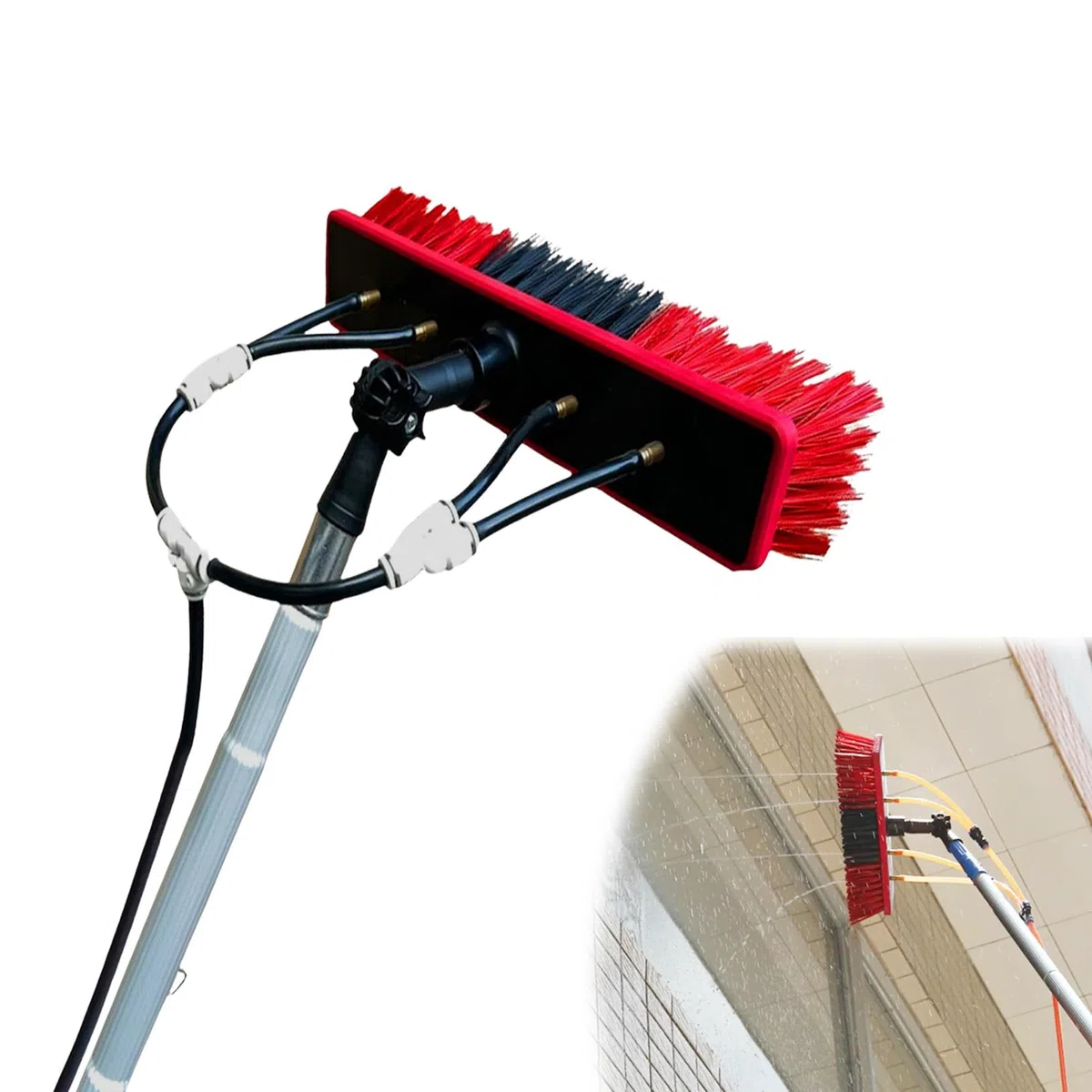 Poste alimentado por agua de 5 m con cepillo de 35 cm, kit de limpieza de ventanas al aire libre para paneles solares, techos y paredes, perfecto para limpiadores profesionales y propietarios de