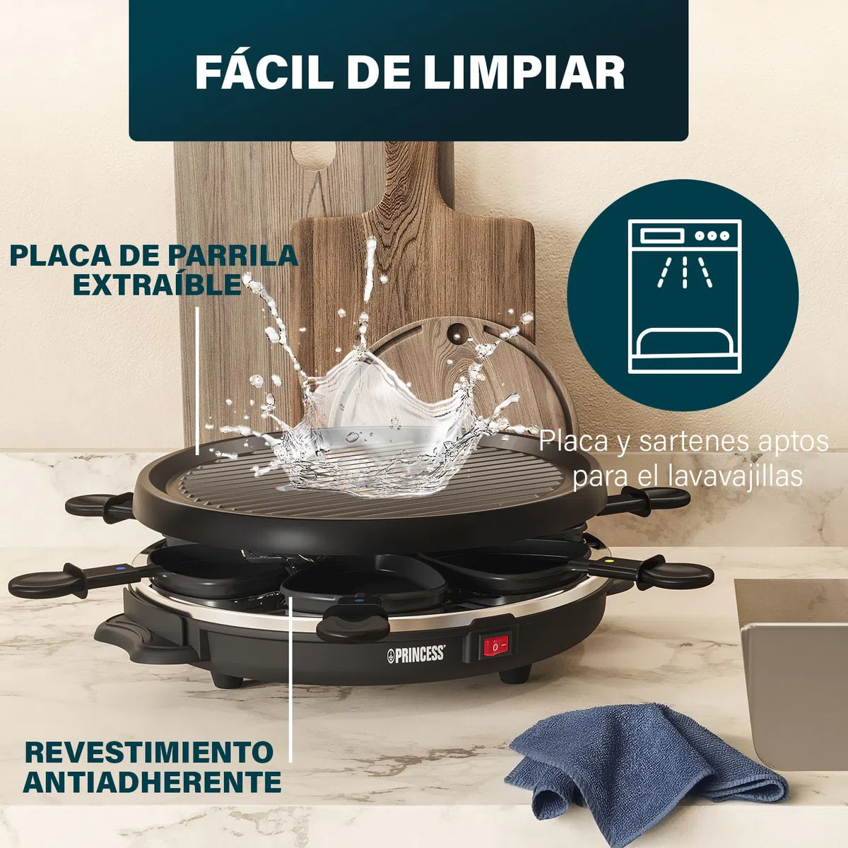 Princess petra Electric Raclette 6 Grill Party – Raclette para 6 personas con forma redonda - 162725