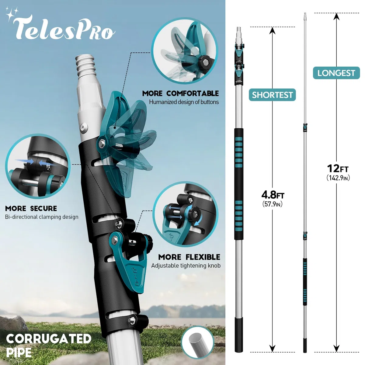 TelesPro Plumero de telaraña de 20 pies de alto alcance con poste de extensión de 5 a 12 pies, plumero de telaraña Webster con poste de aluminio telescópico de 3 etapas, cepillo de tela de araña para