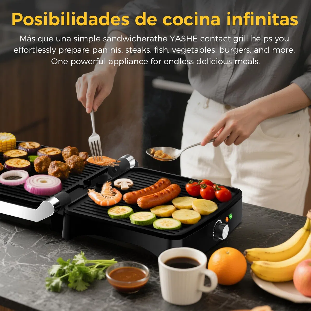 YASHE Sandwichera Eléctrica 2000W – Grill Panini y Parrilla Eléctrica Interior para Bocadillos, Carnes y Verduras – Placas Antiadherentes Grandes – Apertura 180° – Temperatura Automática – Fácil Limpi