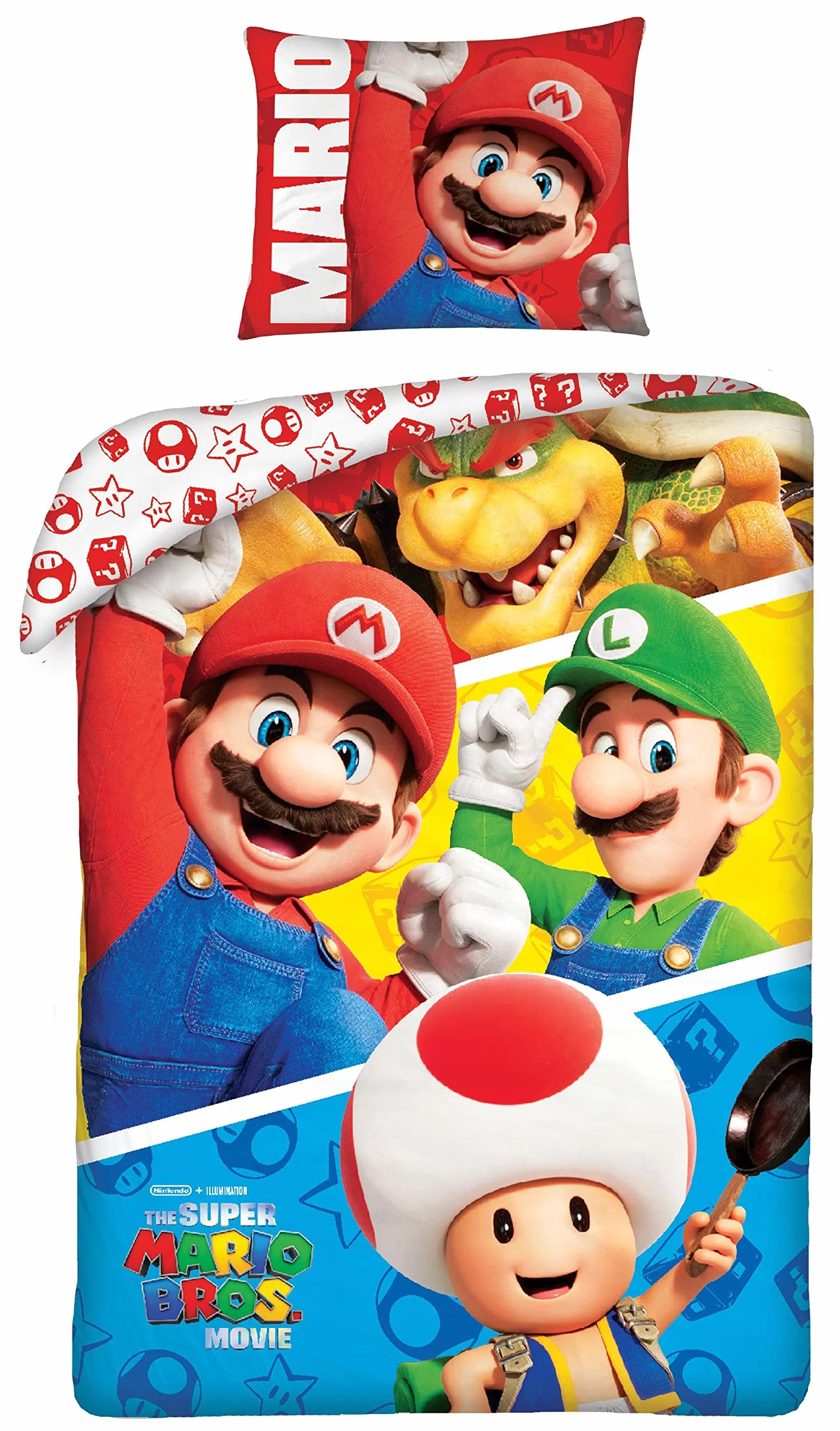Super Mario Bros Gang Funda Nórdica Cama 90 140x200 + Funda Almohada 70x90 | Ropa de cama reversible | Algodón natural transpirable | Nintendo oficial | Niños | Regalo | Lavable a máquina