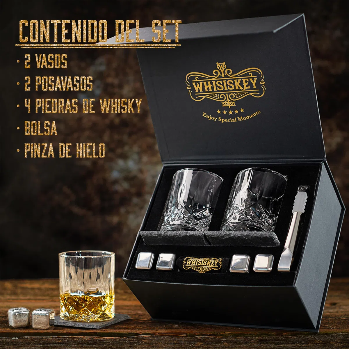 Whisiskey - Set de Accesorios de Whisky - Regalos Originales para Hombre - Cubitos Hielo Reutilizables - Regalo Hombres - Incl: 2 Vasos, 4 Piedras de Whisky, Posavasos, Pinzas para Hielo