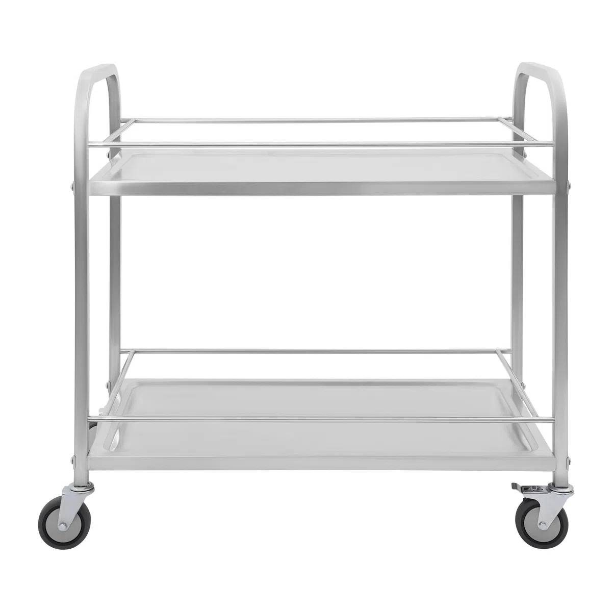 Carro de servicio de acero inoxidable con 2 estantes y estructura de tubo redondo, carro de servicio pesado con 4 ruedas, 2 frenos, capacidad de carga: 75 kg