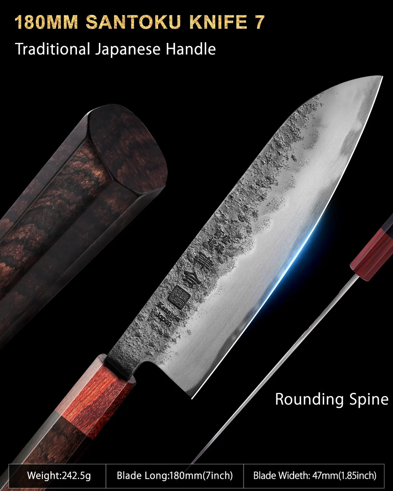 kanngou Cuchillo Santoku, 18cm Cuchillo Cocina de Chef de Acero Inoxidable con Madera de Ébano y Mango de Sándalo Rojo, Cuchillo Japones Profesional con Caja de Regalo Premium
