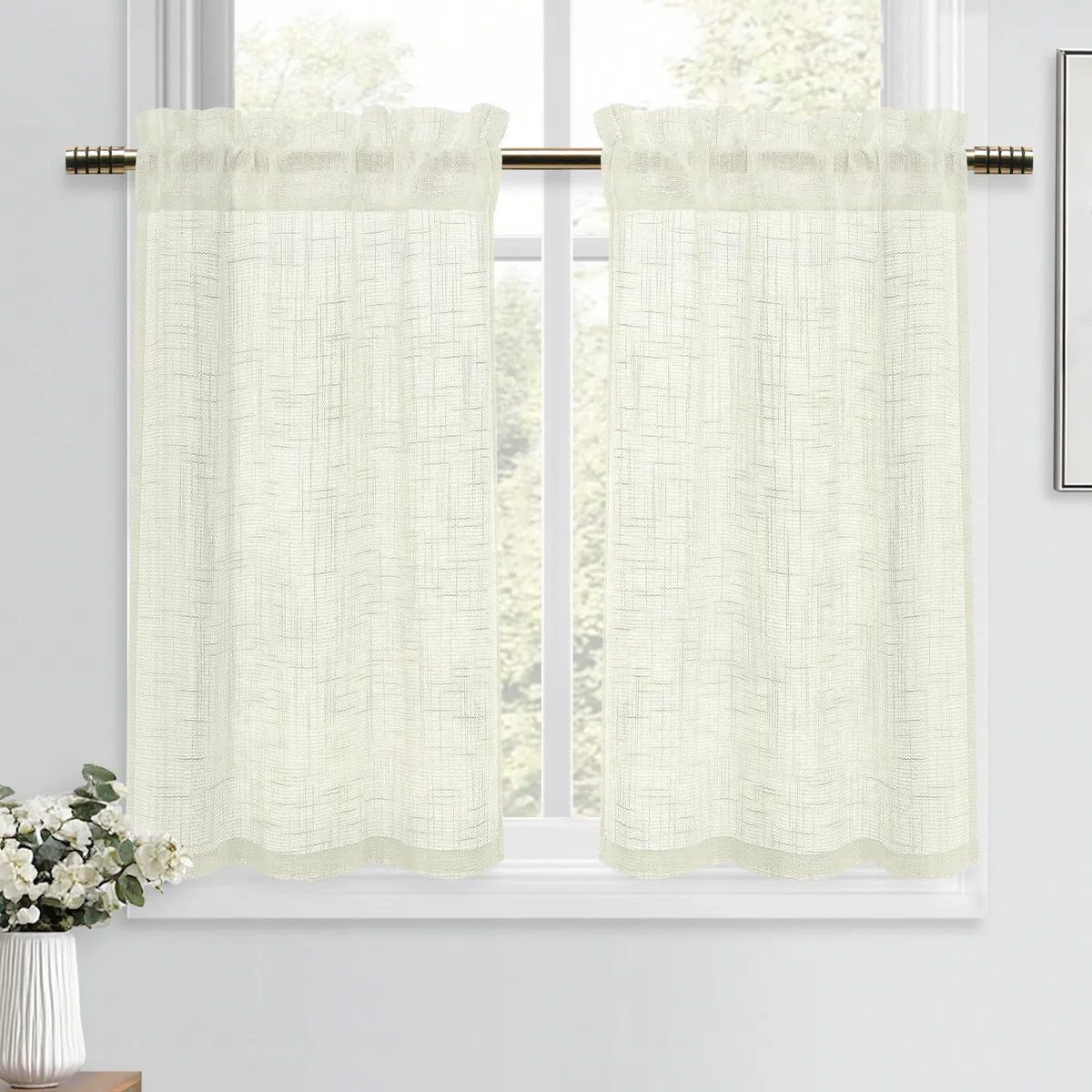 DWCN Beige Visillos Cortos de Lino, 2 Unidades, 90 x 60 cm (Alto x Ancho), Cortinas semitransparentes, Modernas, para Cortinas de Cocina, rústicos, armarios, caravanas