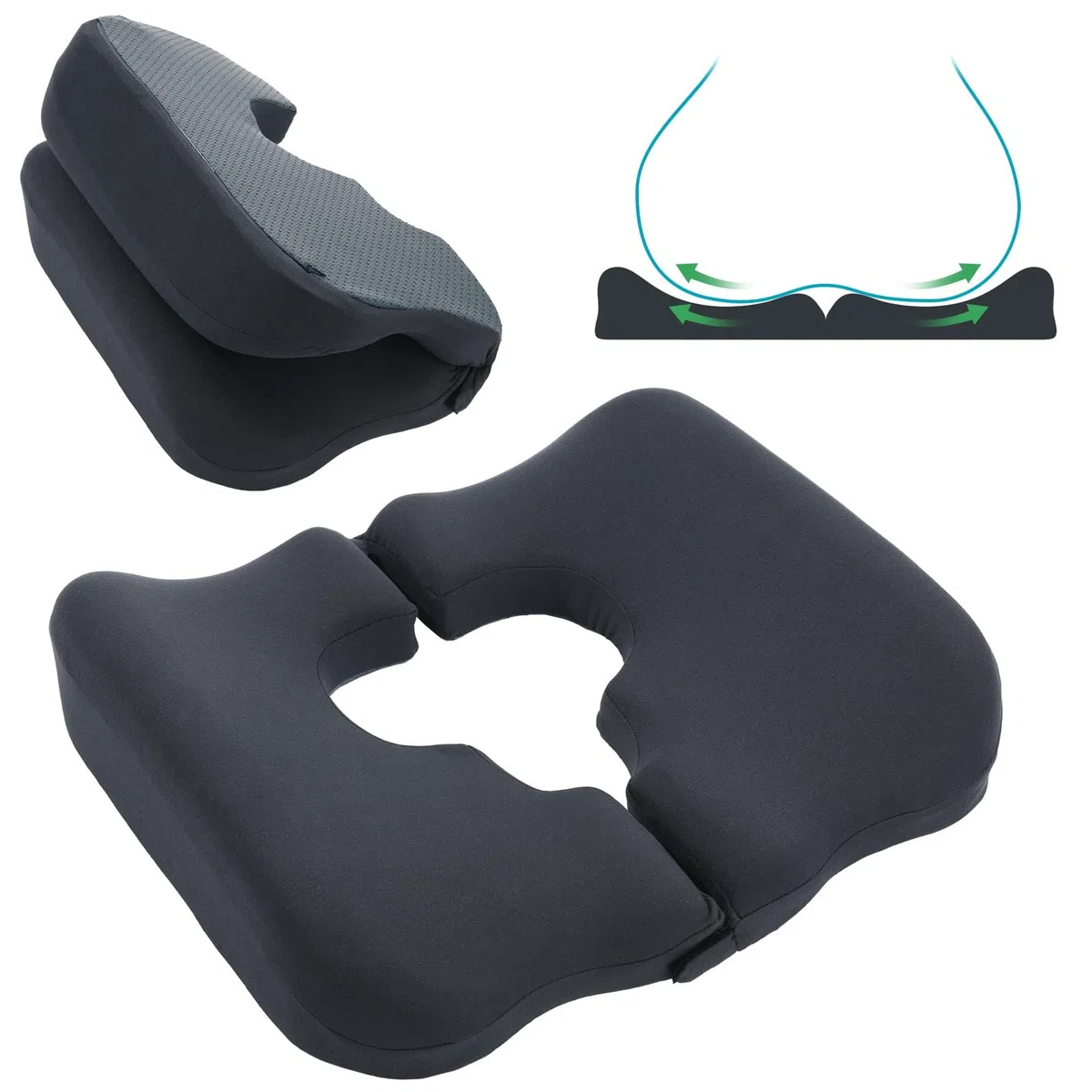 Cojín Hemorroides, Cojín para Coxis, Cojín de Espuma Viscoelástica, Cojín Antiescaras con Abertura en T, Plegable y Transpirable, para Silla Oficina, Asiento Coche y Soporte Diario
