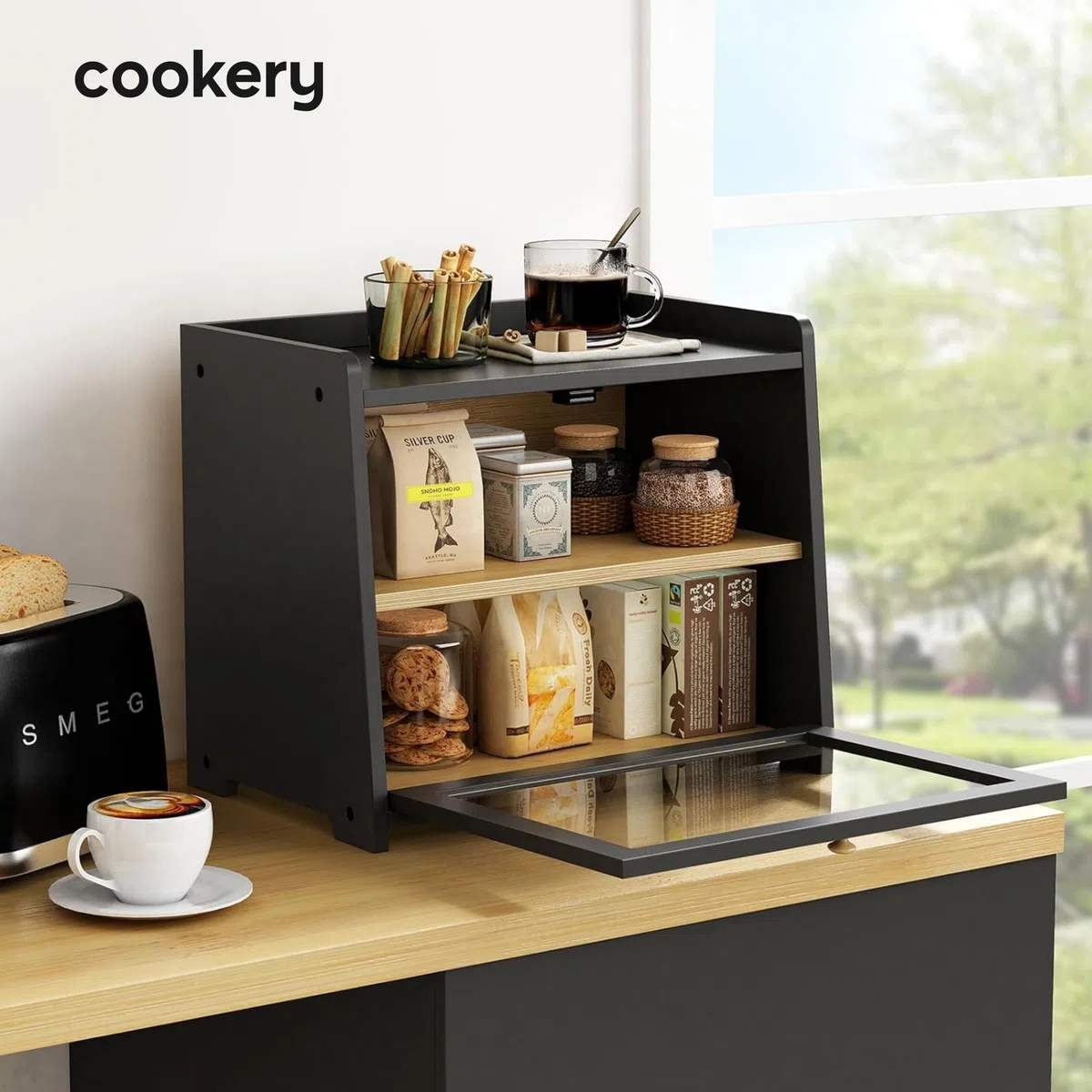 Cookery Panera de madera con 2 niveles para almacenamiento de pan de bambú, caja de pan grande, 2 pisos (negro)