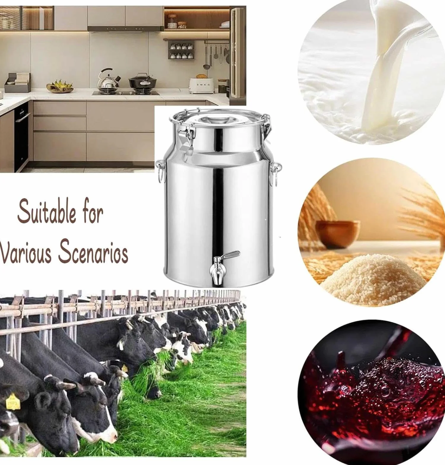 Lata de transporte de leche de acero inoxidable de 76 L con grifo, cubeta de vino, jarra versátil para líquidos y sólidos, almacenamiento perfecto de cocina para leche y vino y bebidas