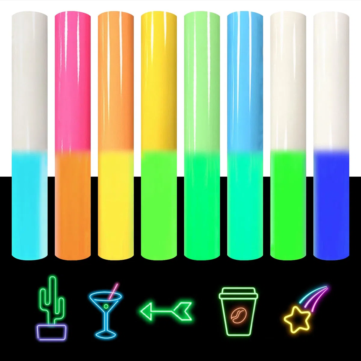 Juego de 8 láminas de planchado luminiscentes, láminas de plóter de alta calidad para textiles, lámina fluorescente, lámina de vinilo suave y elástica, para camisetas, gorras, bolsos y más