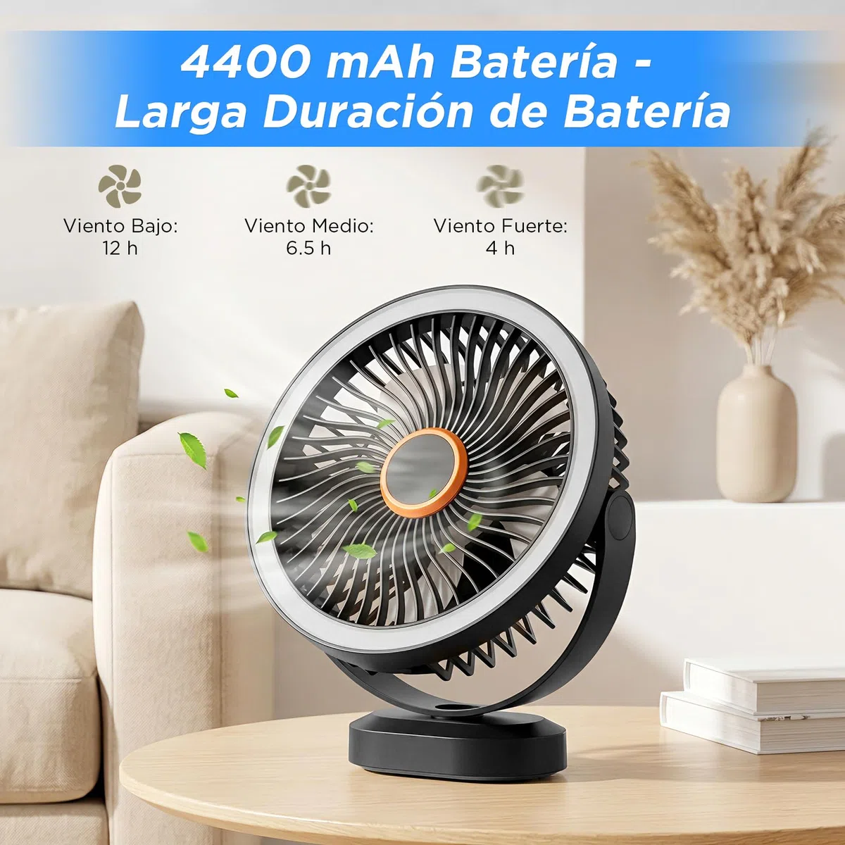 Lepwings Ventilador de Mesa, USB Recargable de 4400 mAh, 3 Velocidades, Ventilador Portátil de 8 Pulgadas con Luz LED y Gancho Colgante, Autonomía de 4-12H, para Oficina, Dormitorio, Camping