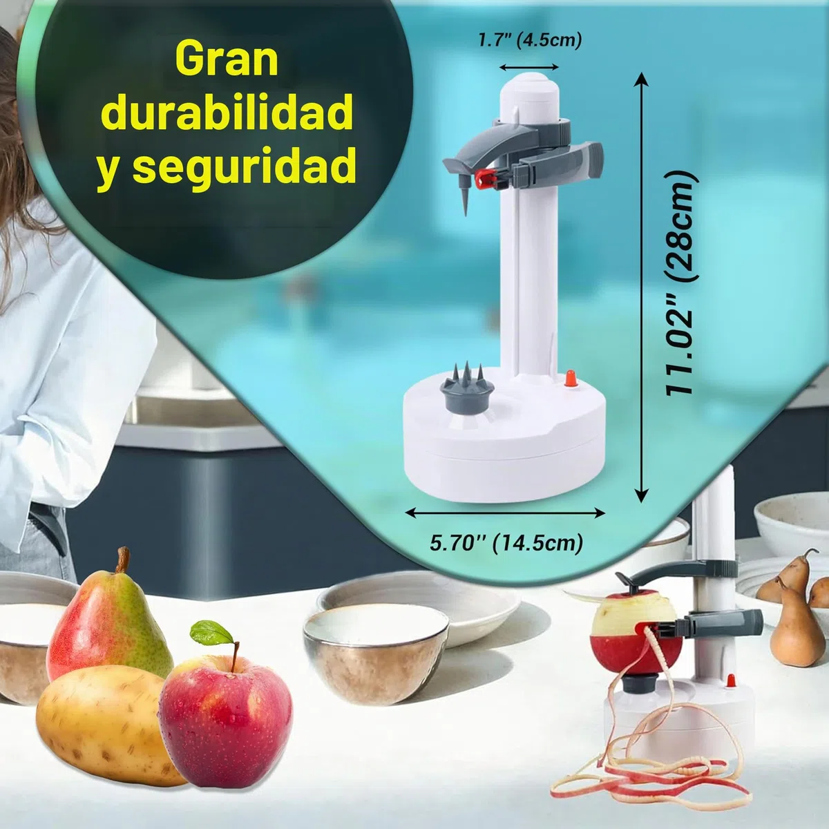 ARSUK Peladora eléctrica multifunción Peladora de Manzana giratoria automática Peladora de Patatas Máquina de Corte de Verduras Herramienta de pelado de Cocina de Acero (Blanco)