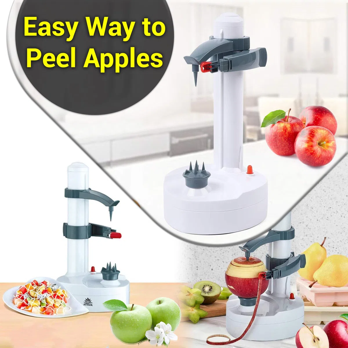 ARSUK Peladora eléctrica multifunción Peladora de Manzana giratoria automática Peladora de Patatas Máquina de Corte de Verduras Herramienta de pelado de Cocina de Acero (Blanco)