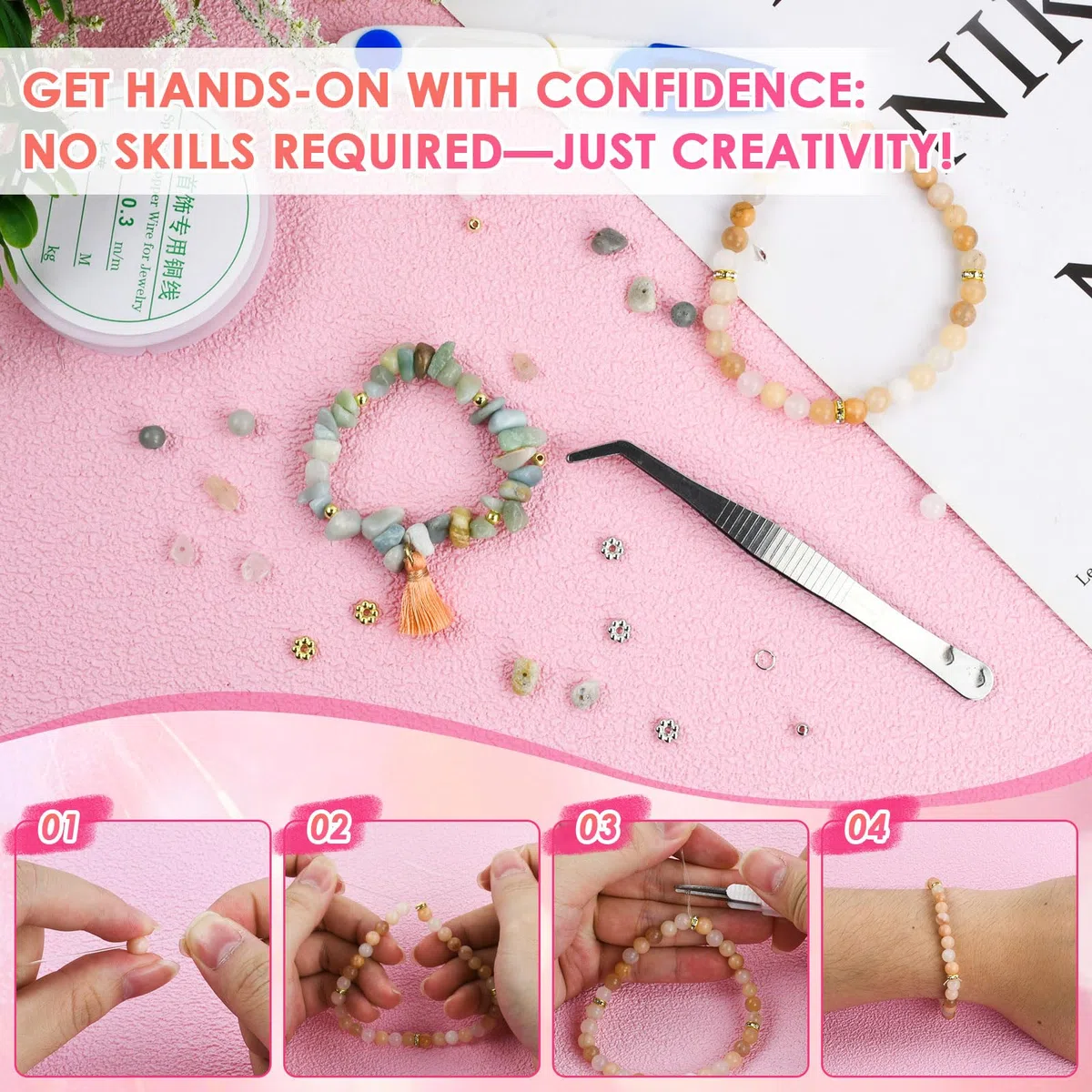 Kit Pulseras, 780 pcs Cuentas de Piedra Natural 6mm, Kit DIY para Hacer Pulseras, Collares y Aretes, Set Completo con Accesorios para Joyería