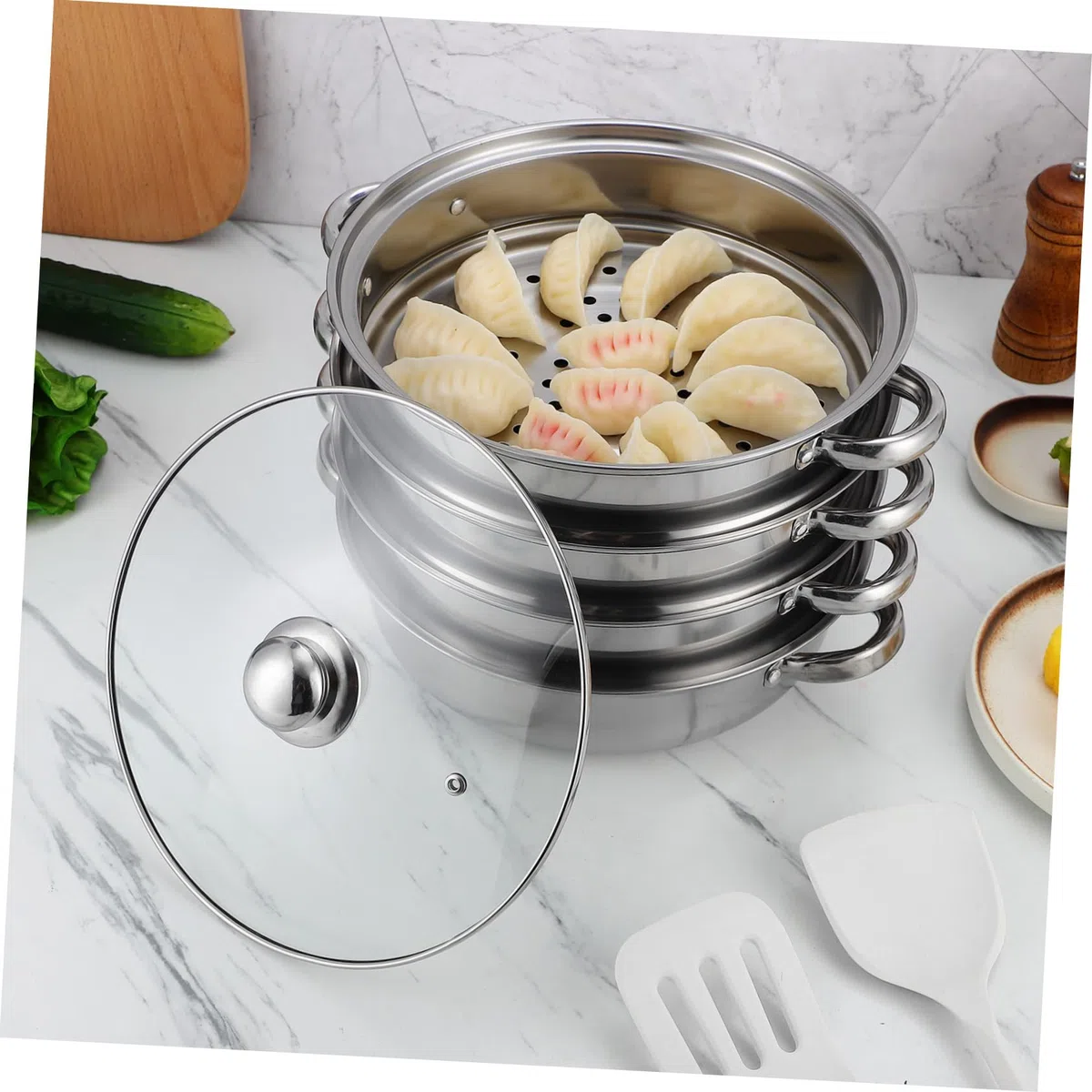 Housoutil Olla De Vapor De Cuatro Capas Olla, grande para sopa de vapor de metal, tamalera grande a De Acero Inoxidable Fondo Grueso Para Cocinar Verduras Mariscos Sopas Guisos