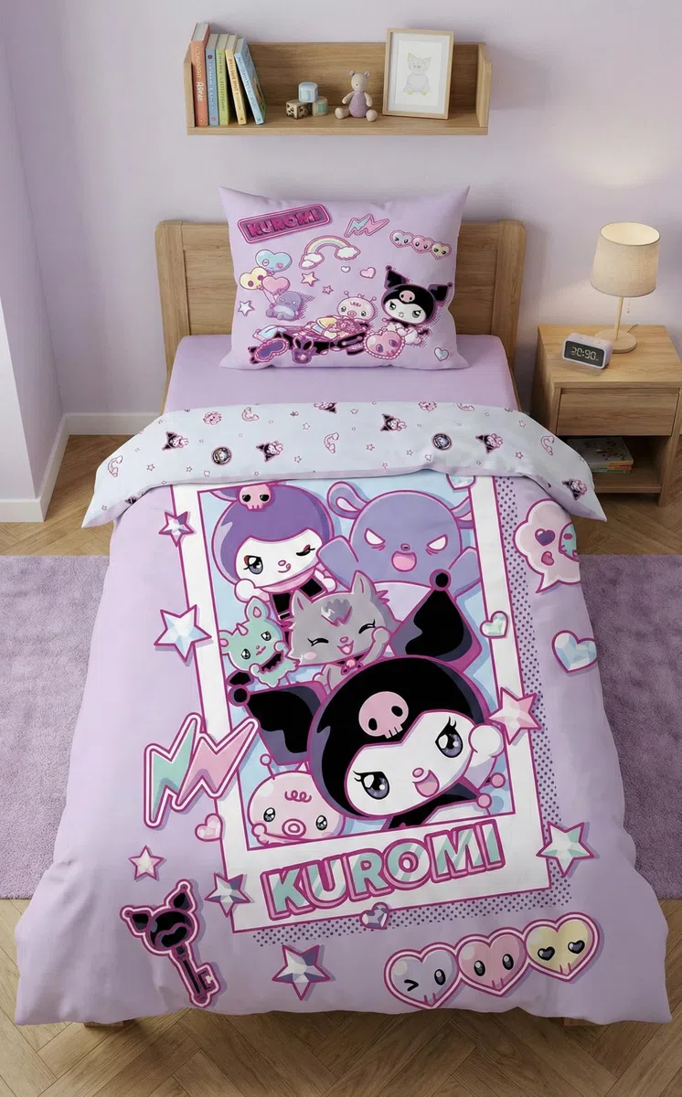 Kuromi Funda Nórdica Cama 90 140x200 + Funda Almohada 70x90 Lila Rosa Niña | Ropa de cama reversible | Microfibra ultra suave secado rápido Oeko-Tex | Sanrio oficial | Niña | Regalo | Idea regalo