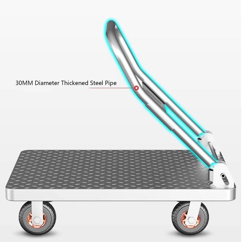 Carrito de plataforma de acero con ruedas, carrito utilitario resistente para uso doméstico e industrial, perfecto para transporte de mercancías, resistente y duradero, ideal para mover suministros.