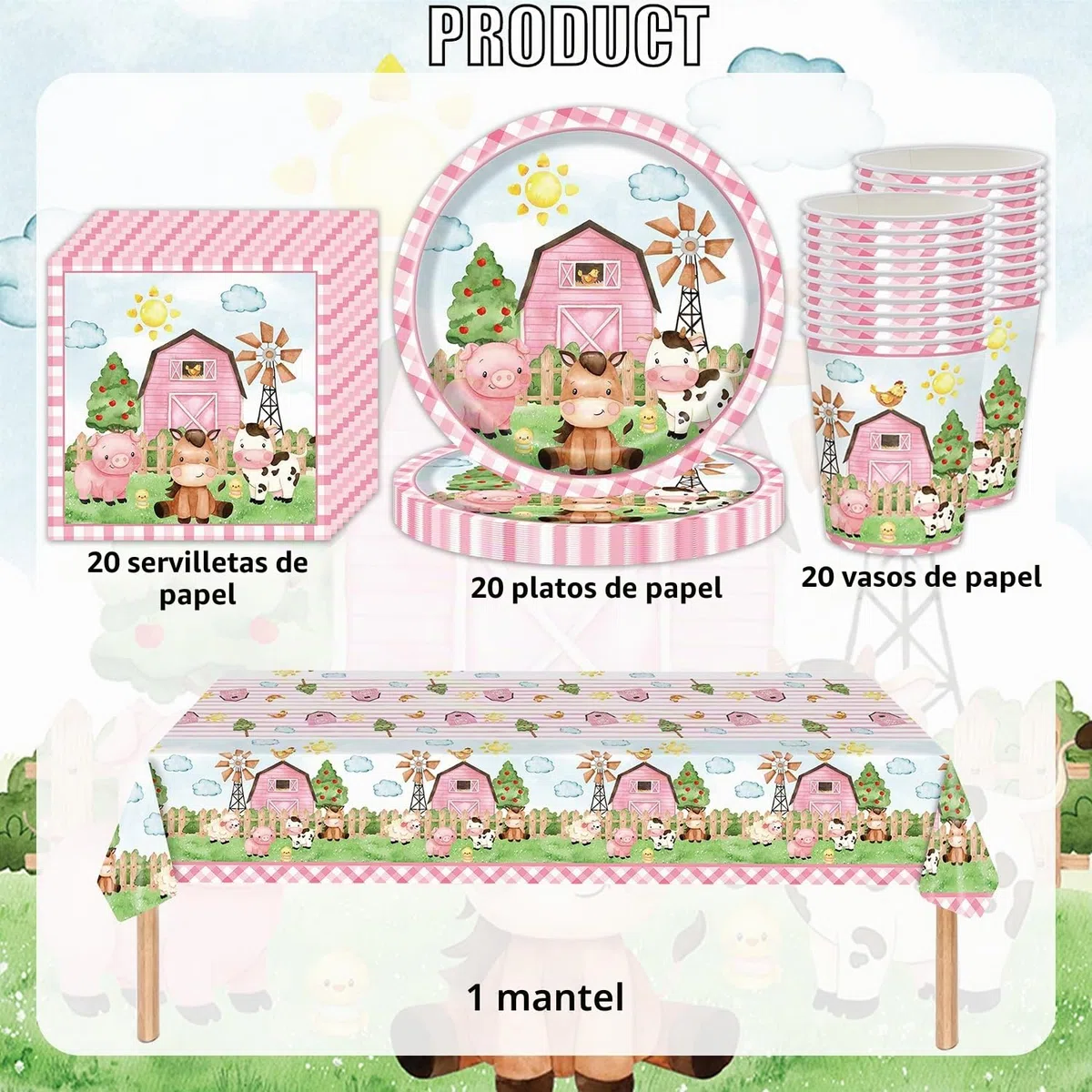 Juego de vajilla de fiesta de granja, cerdo y cordero, 61 piezas, decoración de fiesta de cumpleaños de granja, incluye platos, vasos, servilletas de papel, manteles, para 20 personas