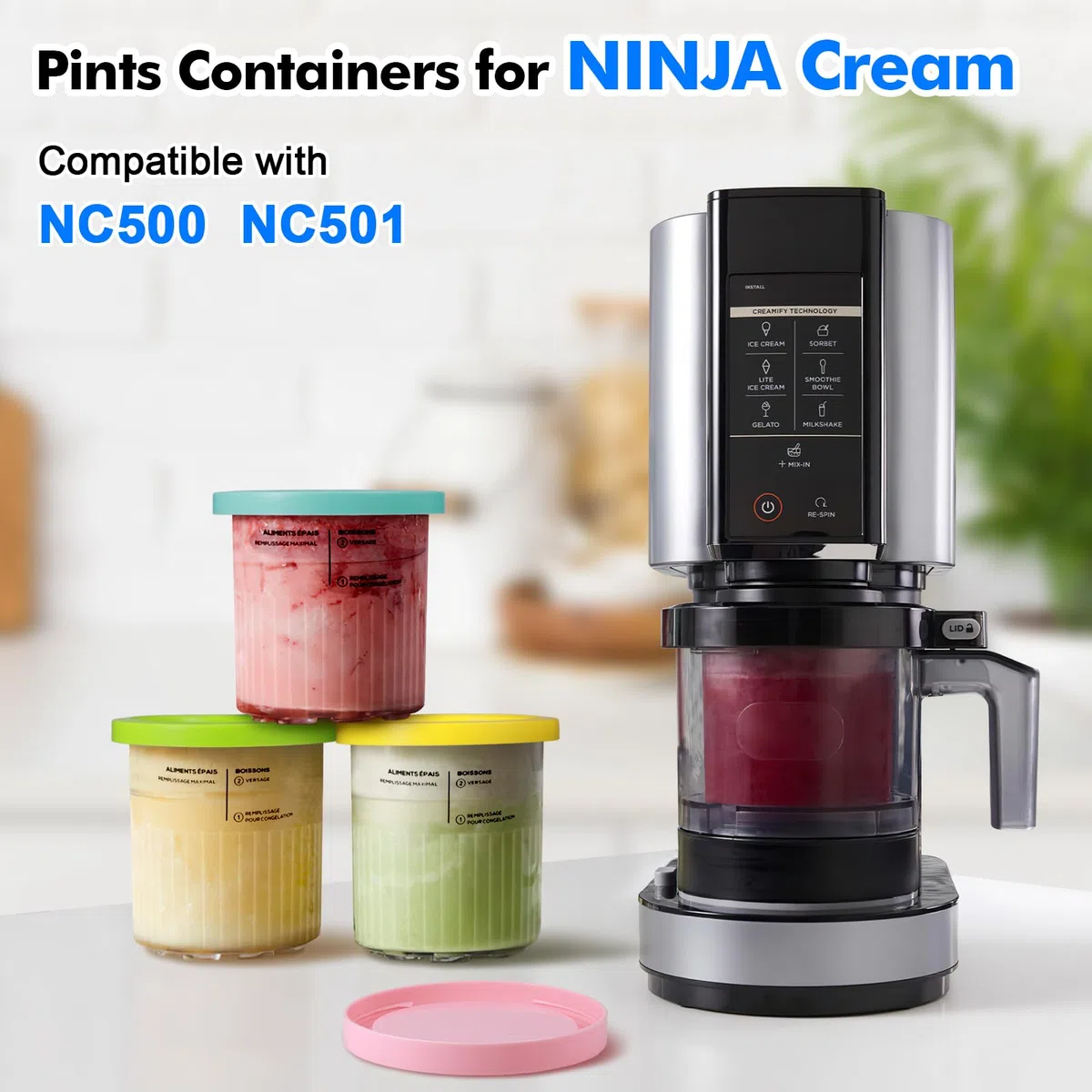 Hejo 4 Piezas Recipiente de Helado para Ninja Creami Deluxe Pints, 680 ML Recipiente para NC500 NC501, Dessert Tubs de Helado con Tapa y Cuchara, Accesorios para Ninja Ice Creami