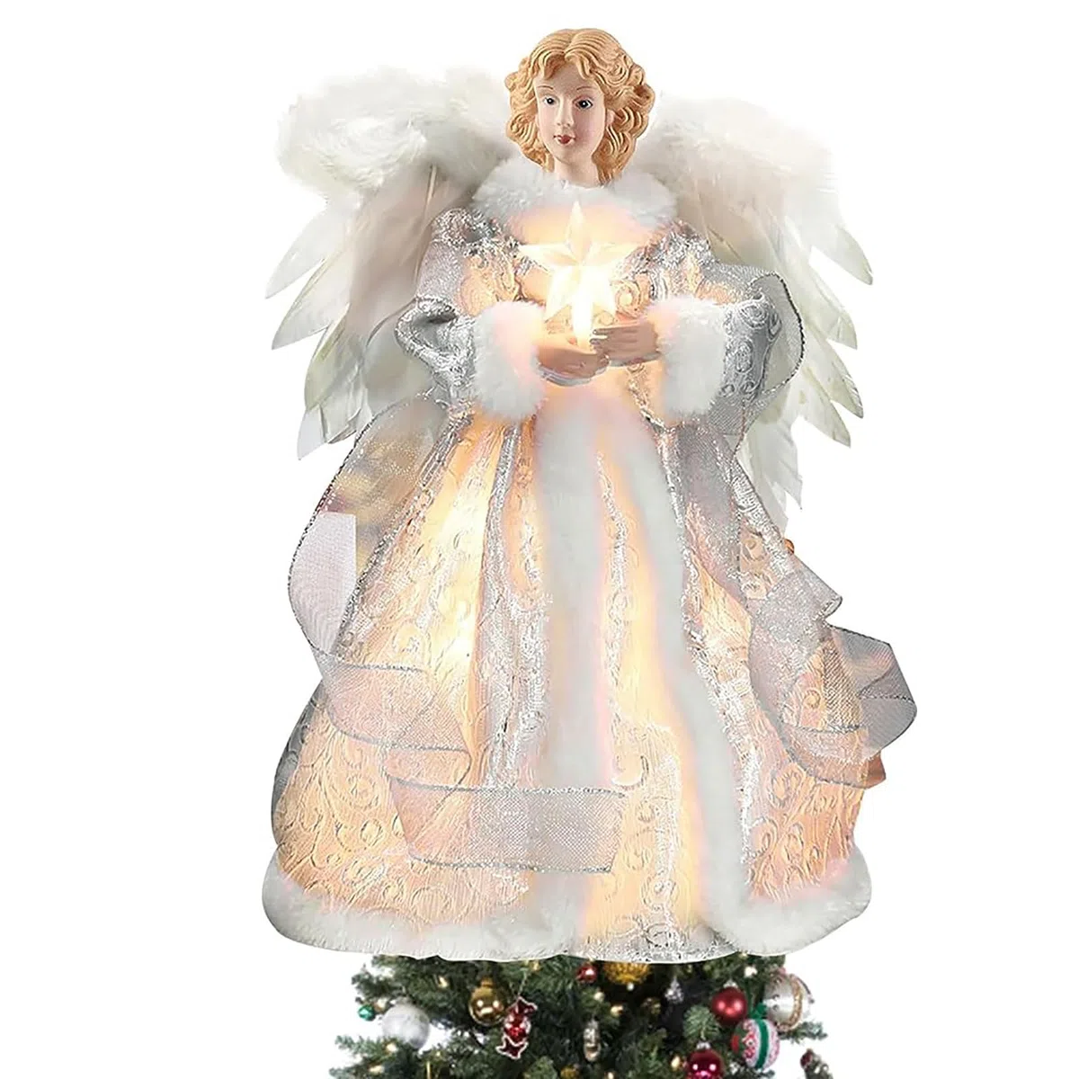 Punta para árbol de Navidad con ángel, figura con ángel de Navidad, decoración navideña para interiores con alas de plumas, 12,6 pulgadas (plateada)