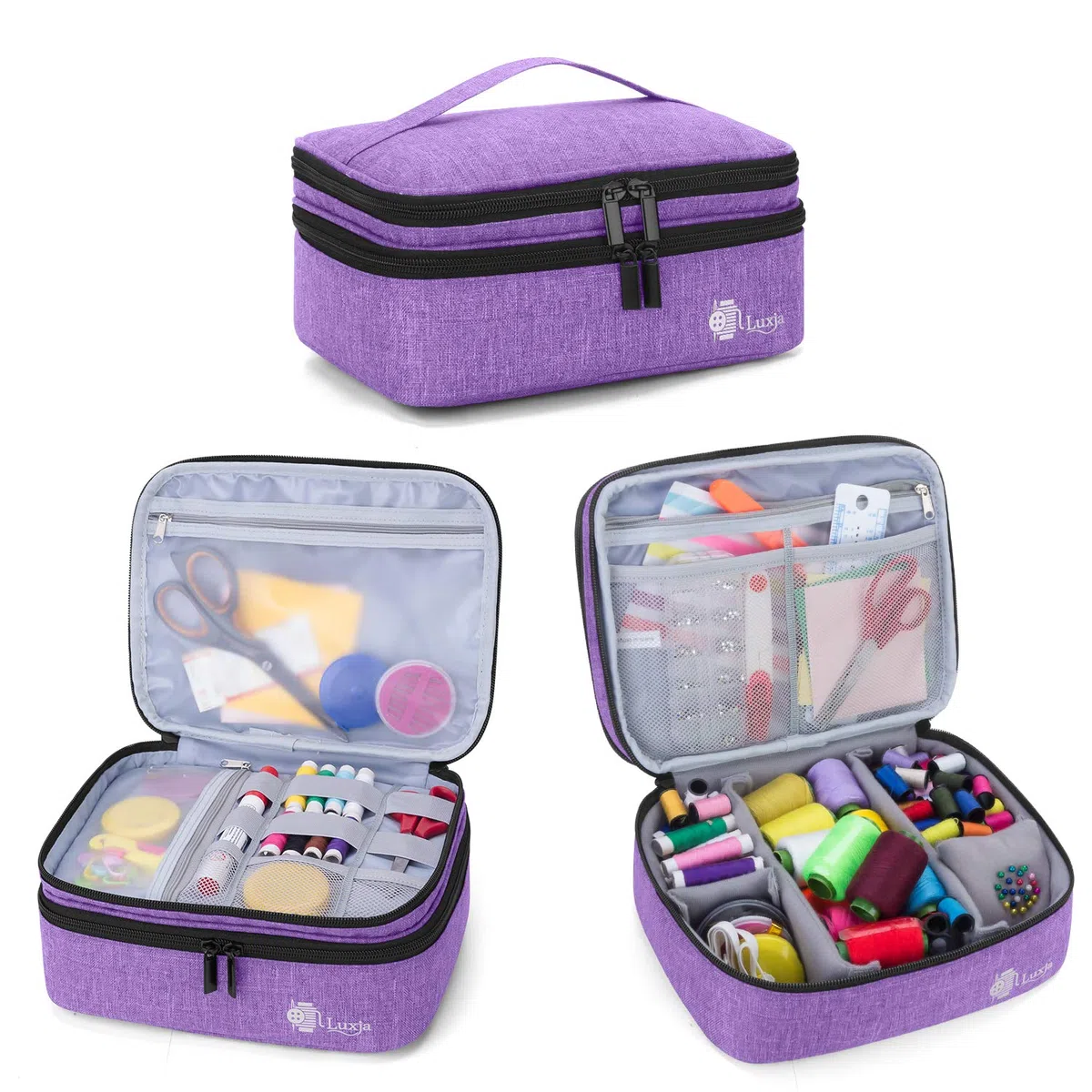 Luxja Bolsa para Kit de Costura, Doble Capa Organizador de Accesorios de Costura, Bolsa para Agujas, Hilo, Tijeras y Otras Materiales de Costura, Púrpura