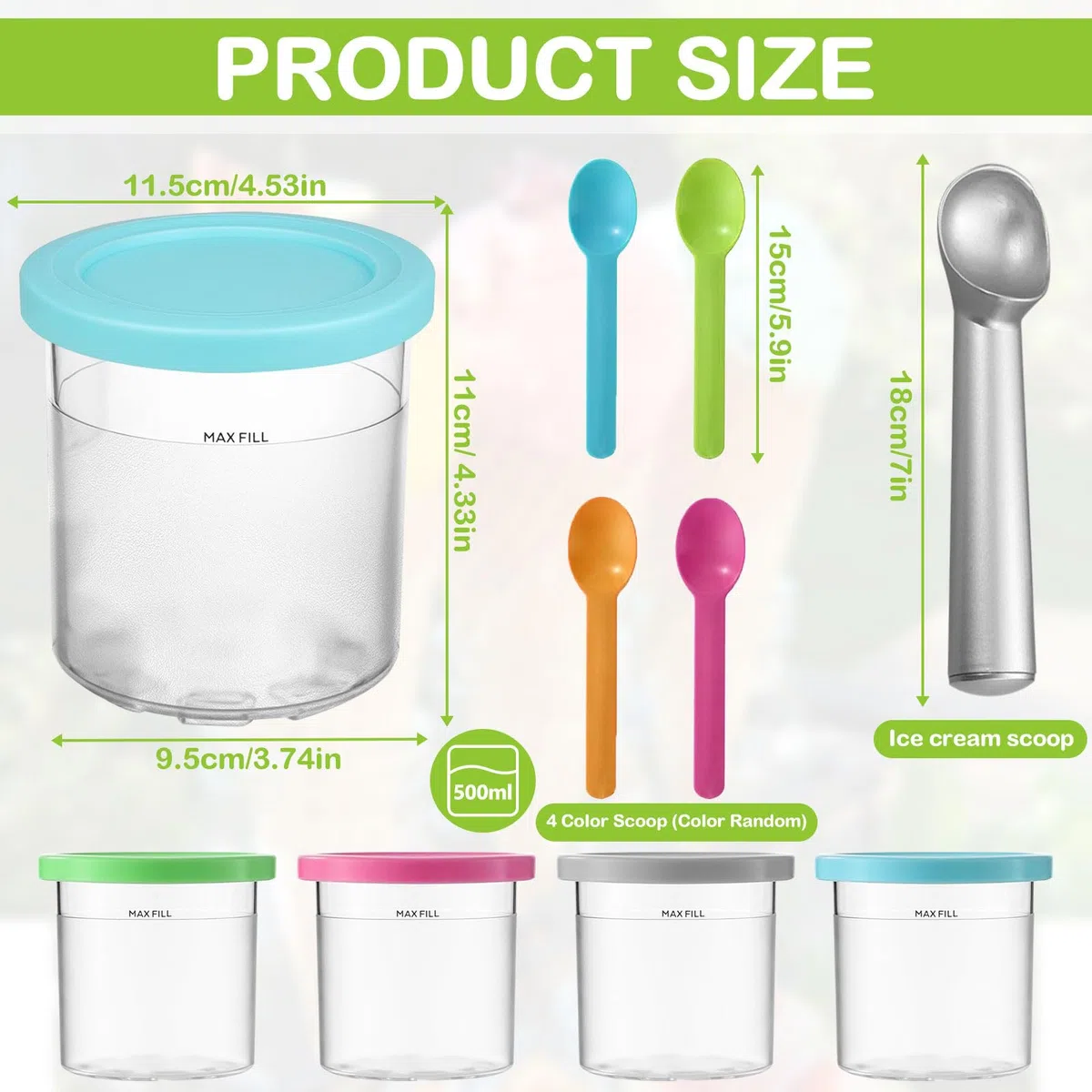 4 Piezas Recipiente Creami para Ninja Maquina Helados, 500ml Recipiente para Ninja Creami, para Ninja Maquina Hacer Helados C300s/NC299AM, Accesorios para Ninja Ice Creami Maker