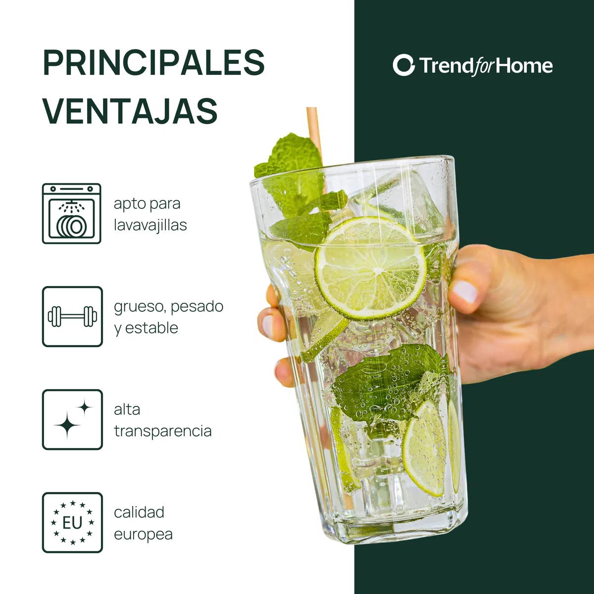 TREND FOR HOME Vasos Cóctel XXL Caipirinha Highball 630 ml Set de 6 Diseño Retro Tumbler Agua Zumo Café Frío Longdrink Vidrio Soda-Lima Sin Plomo Apto Lavavajillas Colección Alva Transparente