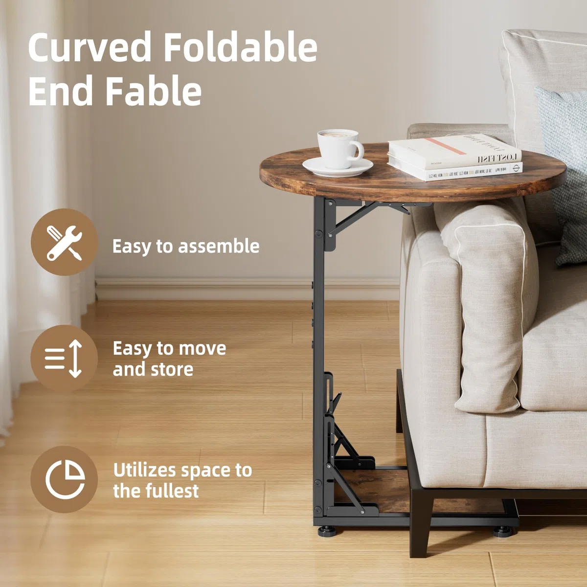 Bomclap Mesa de centro, mesa de sofá plegable en forma de C, pequeña mesa auxiliar con bolsa de almacenamiento, mesa de café con estructura de metal para salón, dormitorio, oficina, 40 x 33 x 64,5 cm