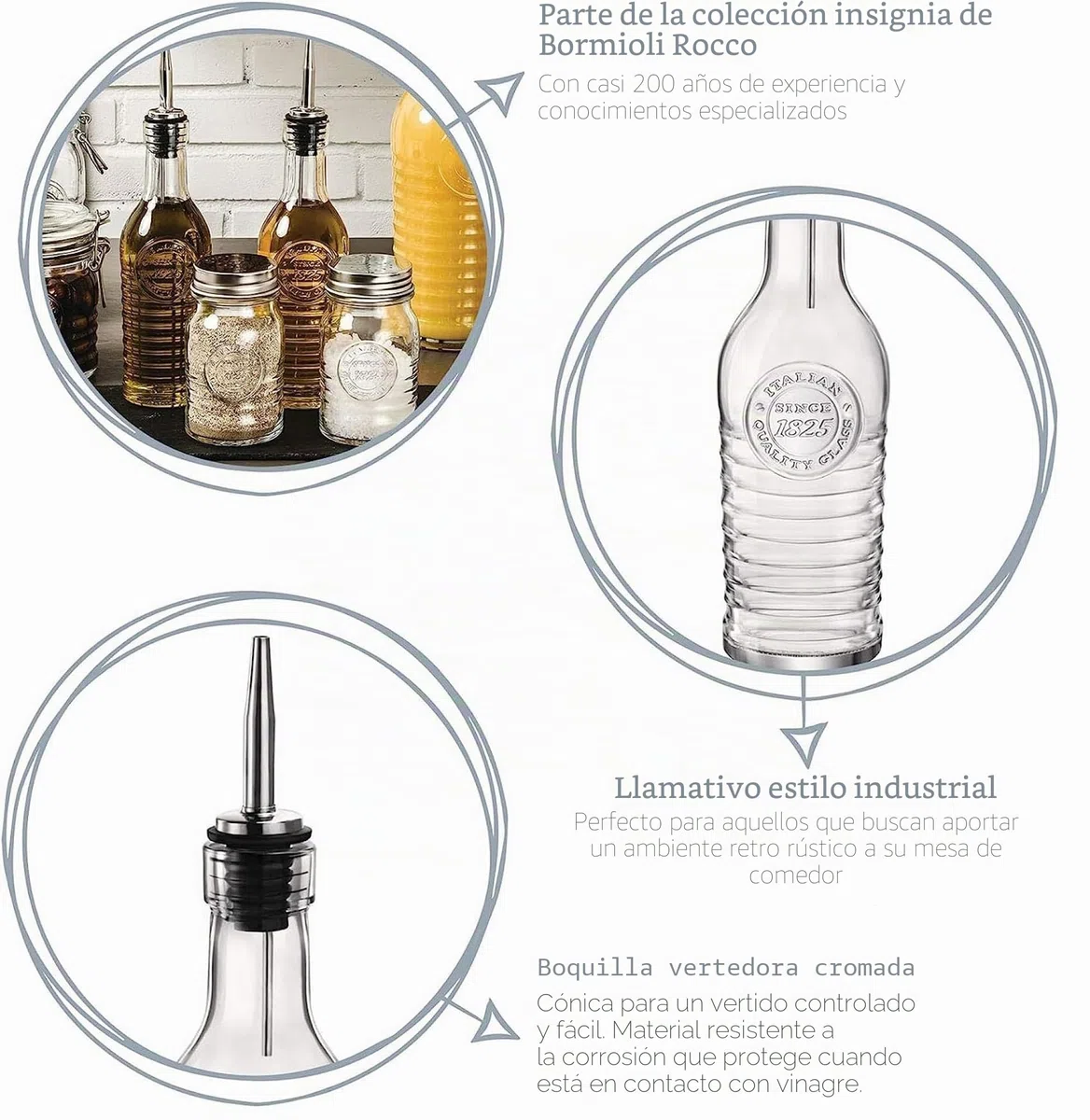BORMIOLI ROCCO Botellas de cristal Officina 1825 – para aceite de oliva/vinagre – Boquilla vertedora de acero inoxidable – 268 ml – Lote de 2