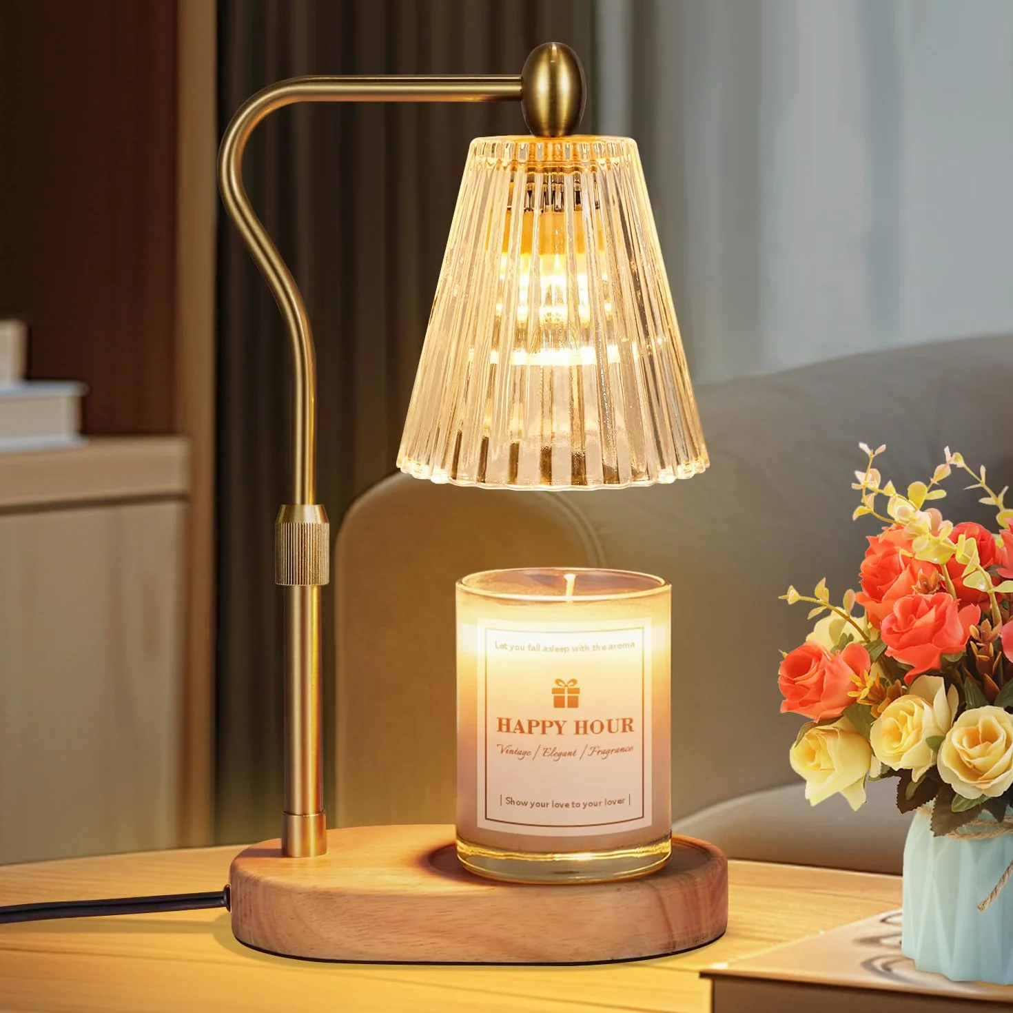 Loowoko Calentador de Velas, lámpara cálida con Temporizador y regulador de Intensidad, Altura Ajustable, con 2 Bombillas, para Velas perfumadas en Cristal, decoración