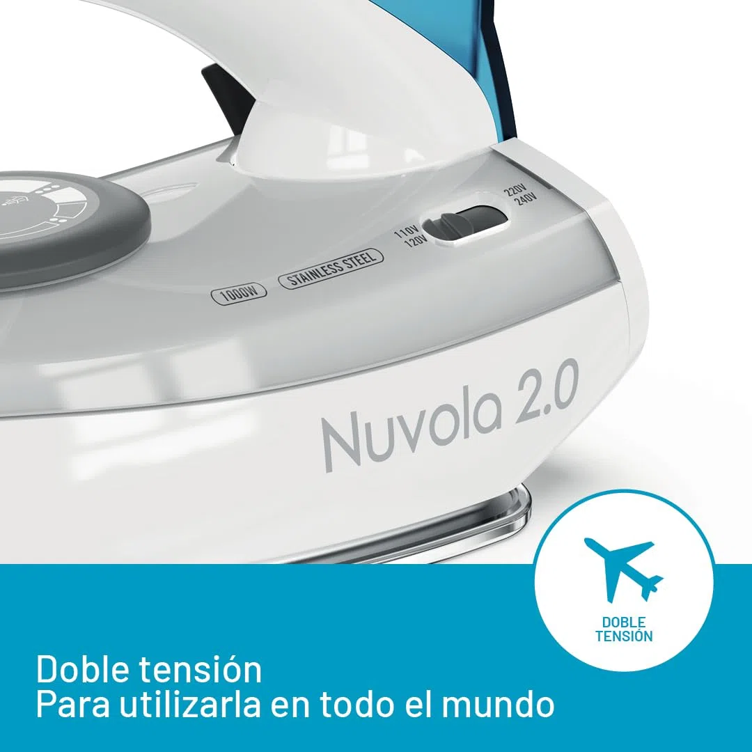 Imetec Nuvola 2.0 - Plancha de vapor de viaje - Suela de acero inoxidable - 1000 vatios - Compacta y ligera - Mango plegable - Maletín de viaje - Doble voltaje - Carrera de vapor 80 g