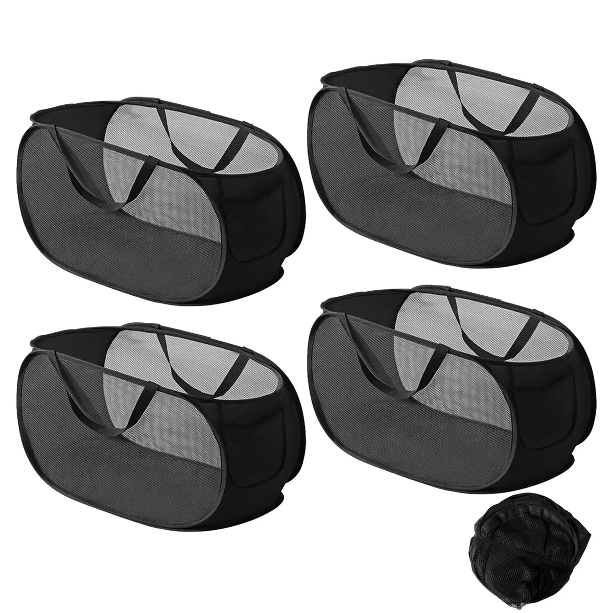 4 Piezas Cesta Plegable con Asa, Cesta Ropa Plegable con Asas, Cesta Portátil de Malla, Plegable Pop-Up Malla Cesto de Ropa, Pop-Up Laundry Basket para Baño, Dormitorio, Viajes (Negro) (Negro)