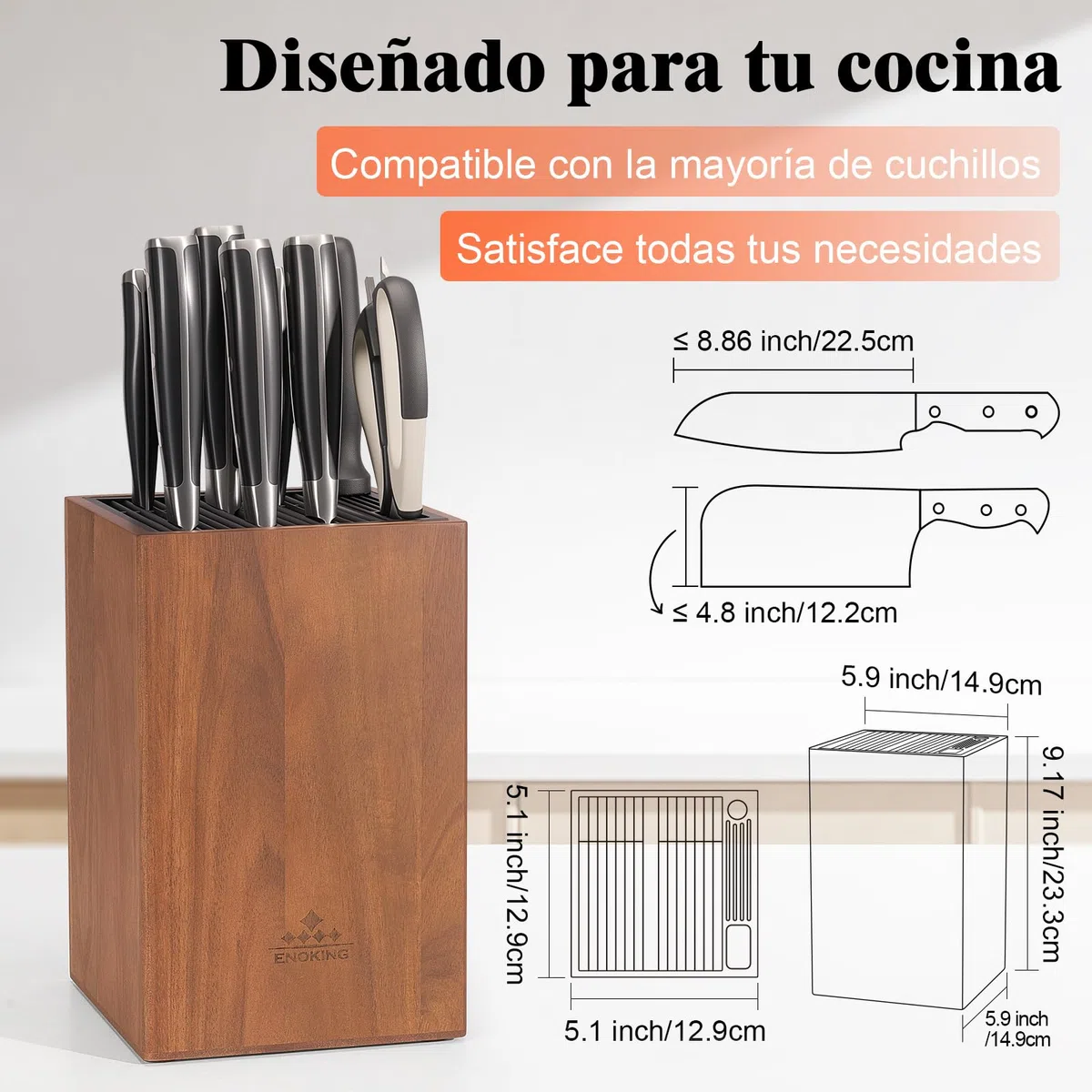 ENOKING Soporte Cuchillos Cocina de Madera de Acacia, tacoma cuchillos Con Tapa de Plástico, porta cuchillos cocina de para Cuchillos y Tijeras/Varilla de Afilar