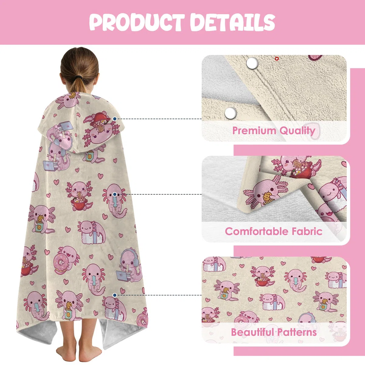 Toallas con capucha de Axolotl para niños 127x76cm Toallas estilo poncho para niños, adolescentes, toalla de playa para piscina, toalla de baño adorable con diseño de Axolotl