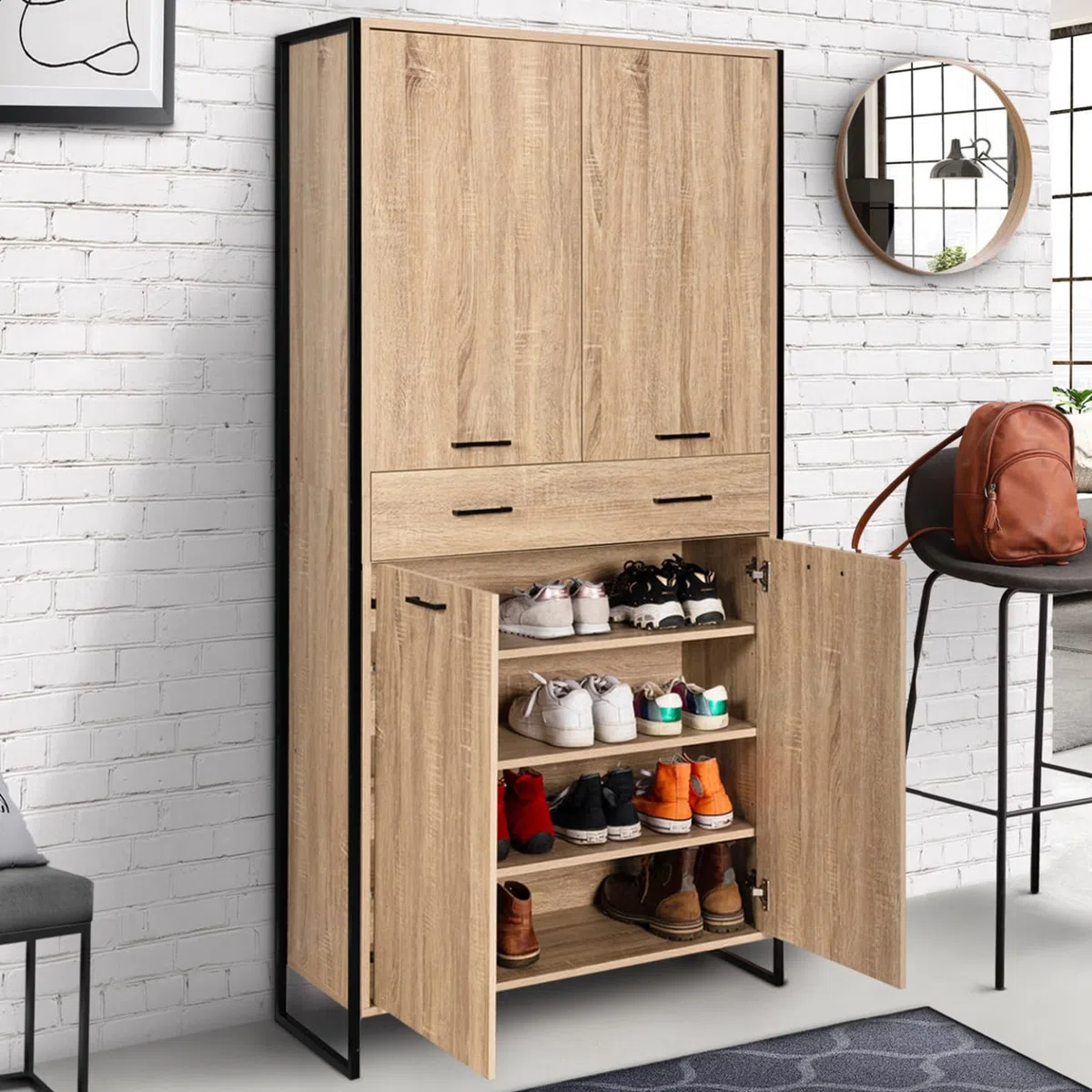 IDMarket - Zapatero 24 pares LUIS 4 puertas 1 cajón diseño industrial H. 180 cm