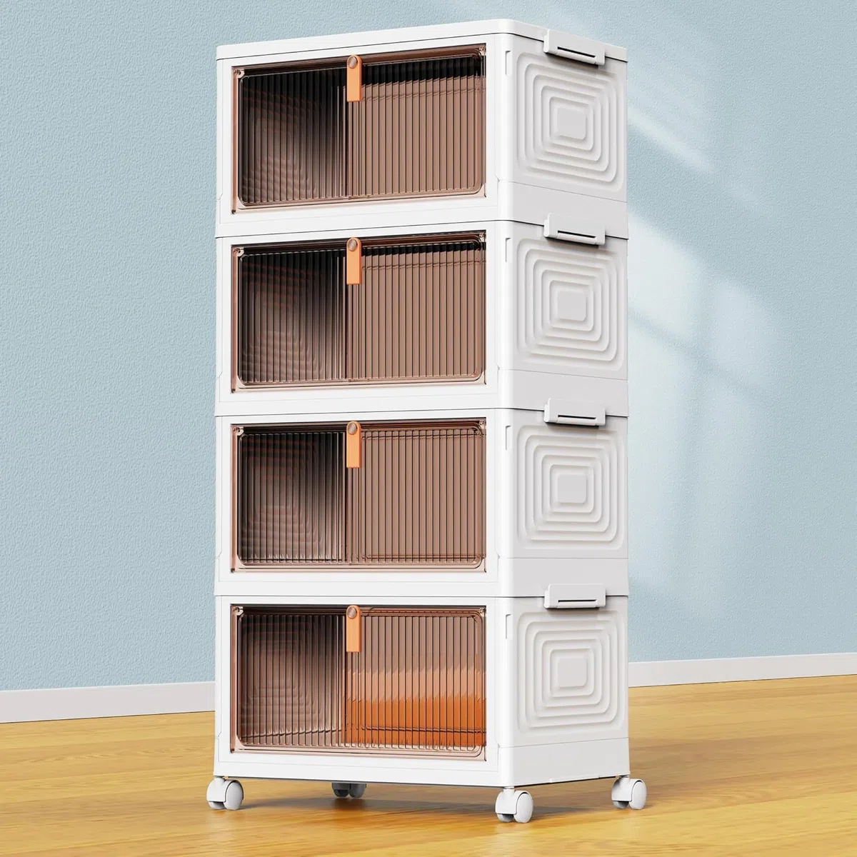 SavvyStor Cajas de almacenamiento con tapa, cajones de almacenamiento de plástico de 4 niveles, cajas apilables, organizador para dormitorio y sala de estar