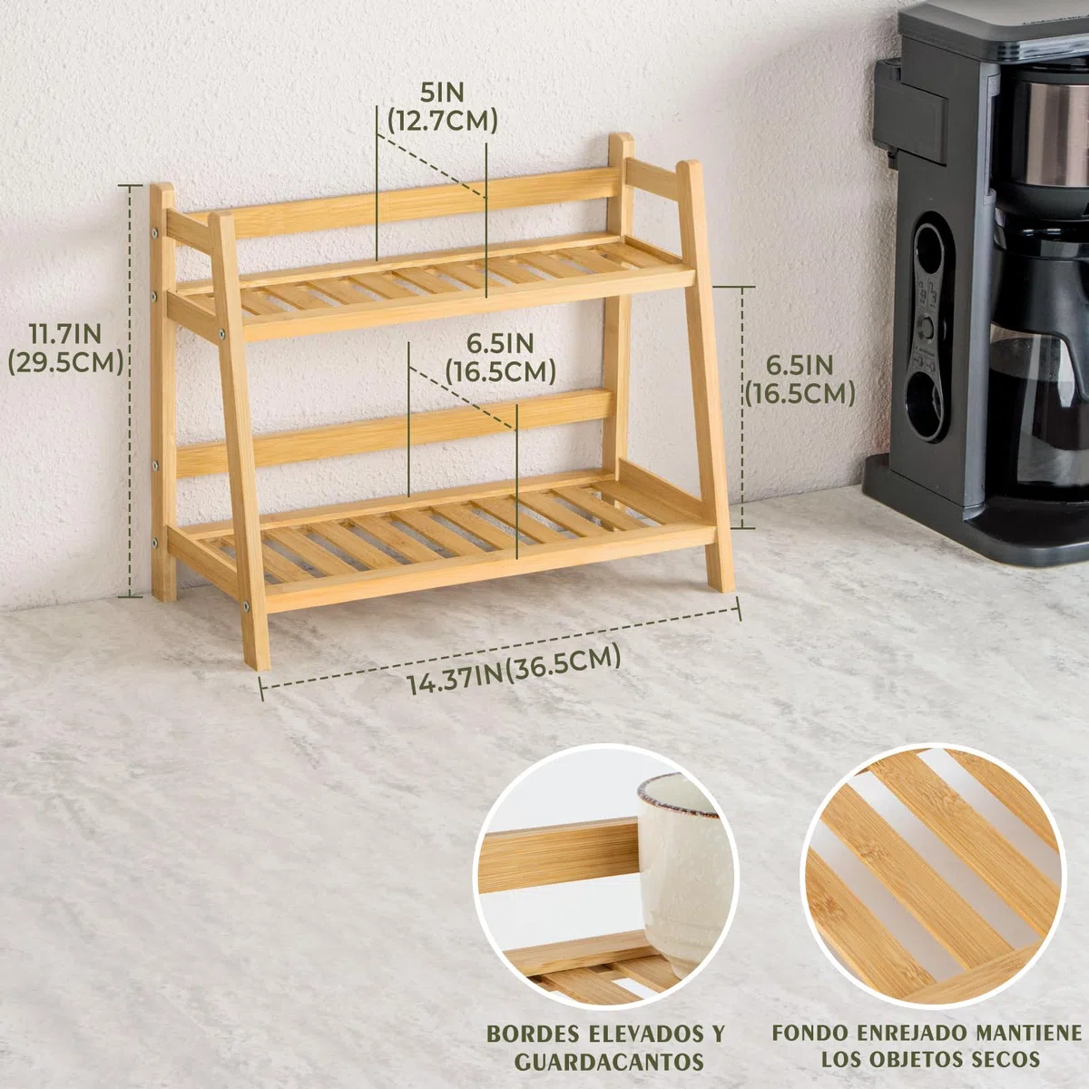 ANBOXIT Organizador Tazas De Bambú, Organizador Especias De 2 Niveles, Estanteria Cocina Para Coffee Corner, Para Encimera De Cocina, Rincon Del Café Y Té