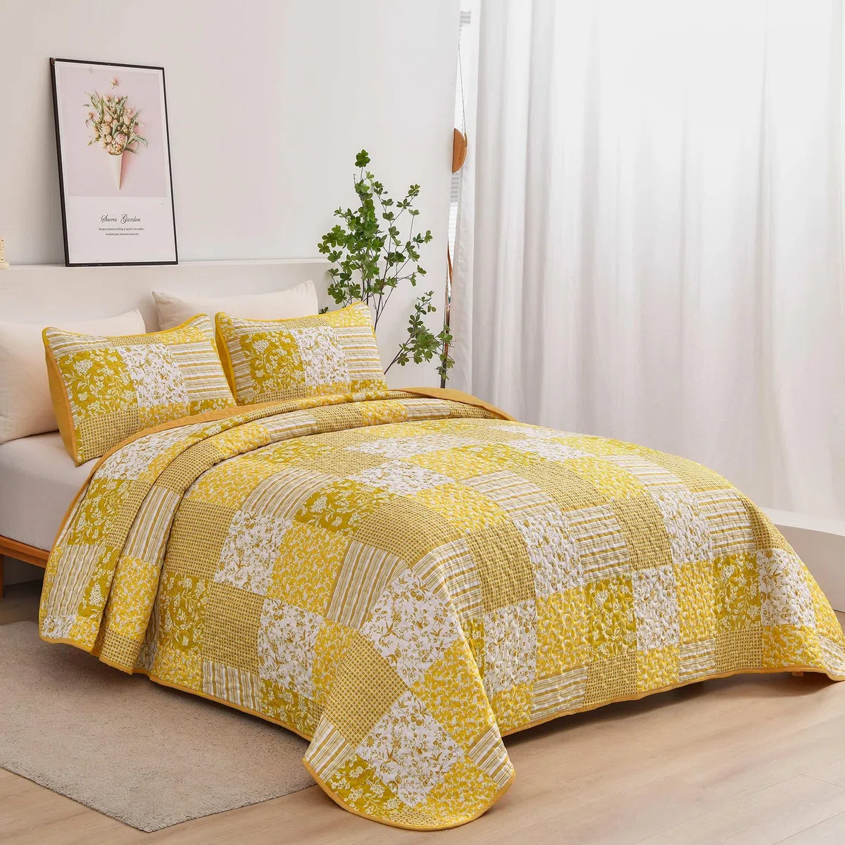 Mybedsoul Juego de edredón Bohemio Amarillo tamaño Queen, Juego de Colcha Floral a Cuadros de 3 Piezas, Juego de Ropa de Cama Reversible de Retazos, tamaño Queen, 90 x 96 Pulgadas