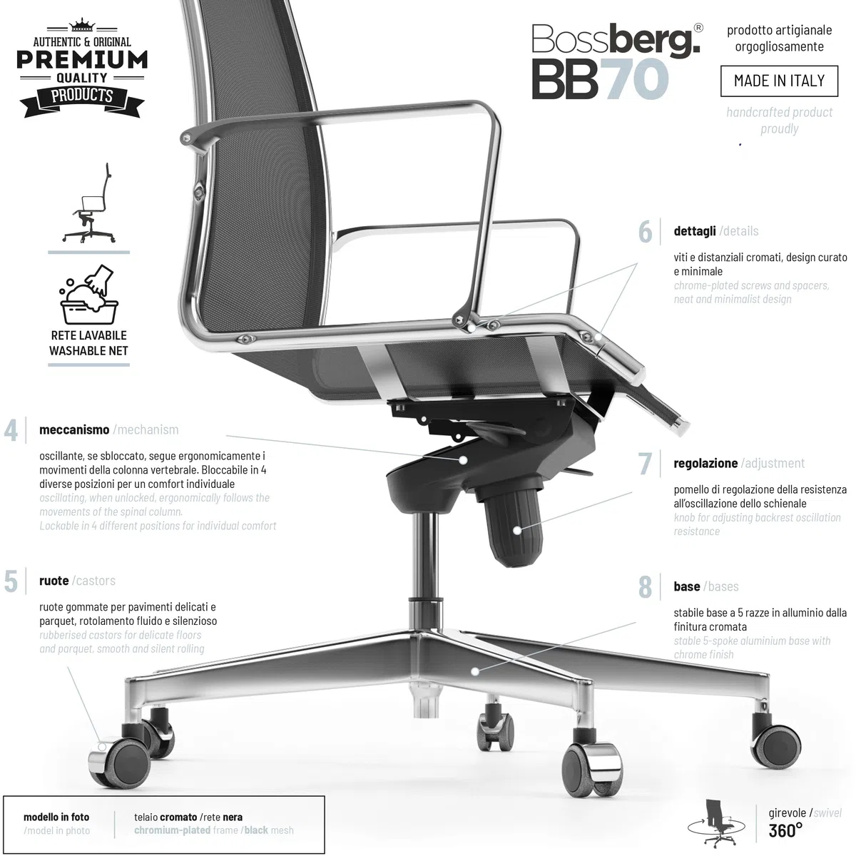 Silla de Escritorio Ergonómica, Silla de Oficina Giratoria con Apoyo Lumbar, Sillón de Despacho Ajustable y Cromado, Diseño Italiano - Cromado Negro