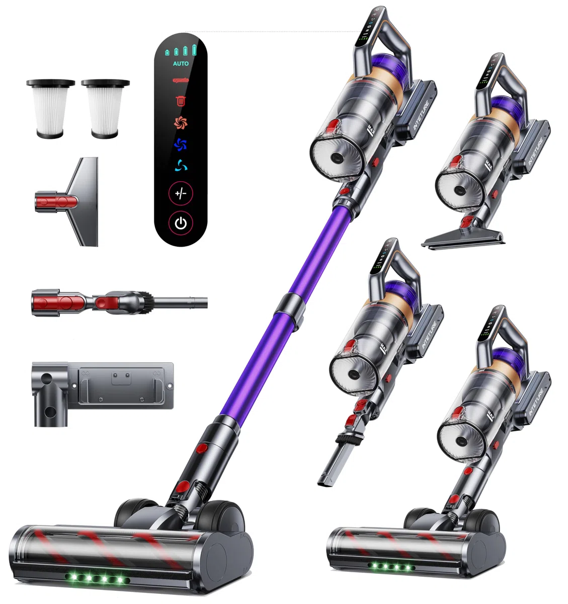 INTETURE Aspiradora sin Cable 50KA/600W Escoba Aspiradora sin Cable Pontente 65Mins Carga en Pared,Luz Verde Súper Brillante Aspirador sin Cable Aroma,Pantalla Táctil Antienredo para Suelo/Alfombra