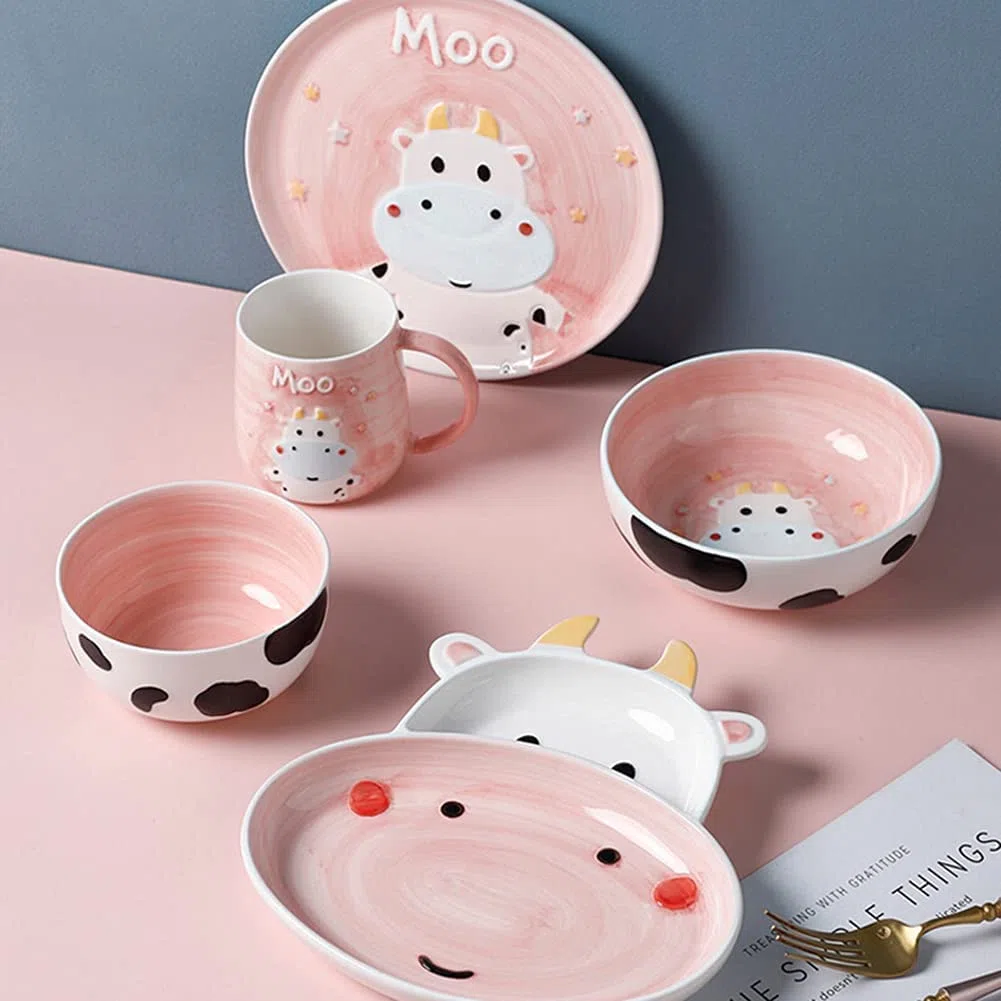 Juegos de vajilla para niños, Platos y Cuencos de Dibujos Animados de Animales, Juego de Porcelana Creativa para el hogar, Apto para lavavajillas y microondas, para 1 Persona