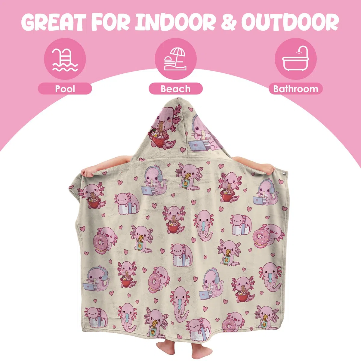 Toallas con capucha de Axolotl para niños 127x76cm Toallas estilo poncho para niños, adolescentes, toalla de playa para piscina, toalla de baño adorable con diseño de Axolotl