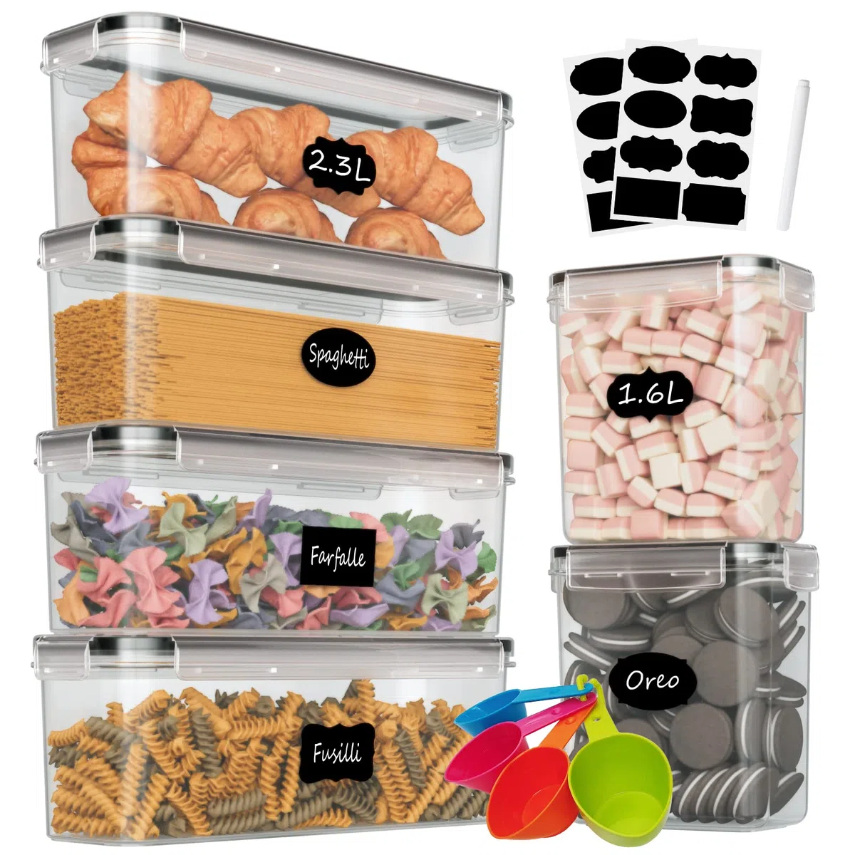 Withosent Juego de 6 recipientes herméticos para cocina, con tapa de plástico, 2,3 L, para almacenar pastas, pasta, para pastas, cereales (2,3 L, 1,6 L)