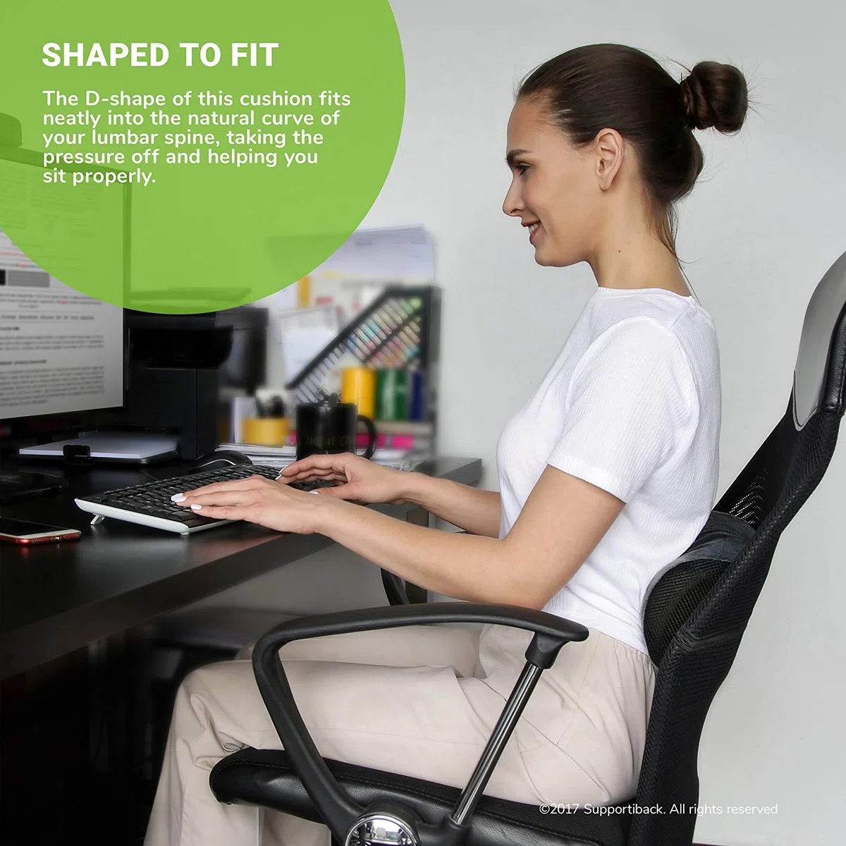 Supportiback Cojín Lumbar en D para Terapia de Postura con Espuma de Memoria, cojín ergonómico para casa, Oficina, Coche, Viajes, Descansa y previene Dolor de Espalda Superior e Inferior, Gris (SB)