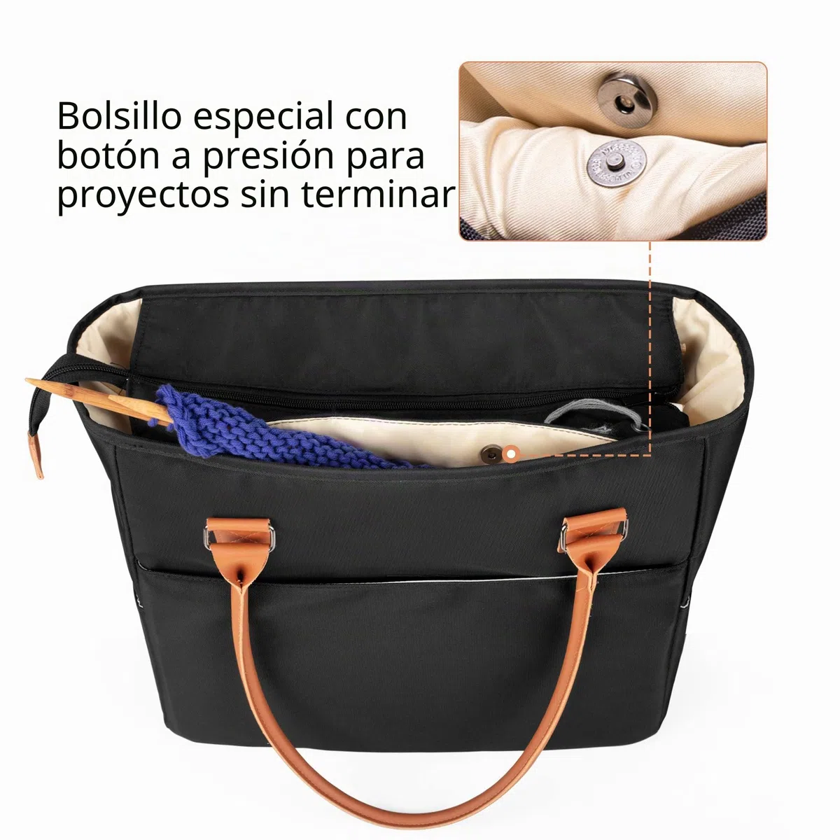 Yarwo Bolsa de mano para tejer, Bolsa de Almacenamiento para Agujas de Tejer (Hasta 35.5cm), Ganchillos, Labores de Tejidos, Ovillos y Otros Accesorios de Tejer, Negro.