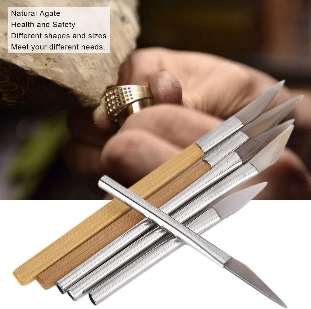 Bruñidor de ágata, 6 uds Juego de bruñidor de ágata con bordes de cuchillo herramientas de pulido artesanal tallado de metales preciosos con mango de hierro de bambú bruñidores de ágata