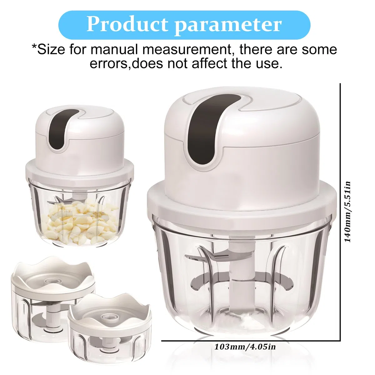 Picadora eléctrica con puerto USB, mini robot de cocina, 100 ml, 250 ml, 300 ml, cortador de verduras eléctrico con 3 cuchillas afiladas, prensa de ajo multifunción para carne, verduras, frutas