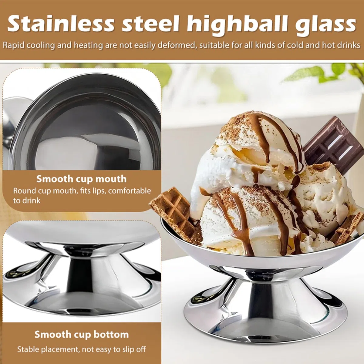 4 vasos para helados de acero inoxidable de 200 ml, cuencos de postre con pie (10 cm de diámetro) para helados, yogur, ensalada de frutas y pudines, elegantes cuencos Sundae, ideales para bodas