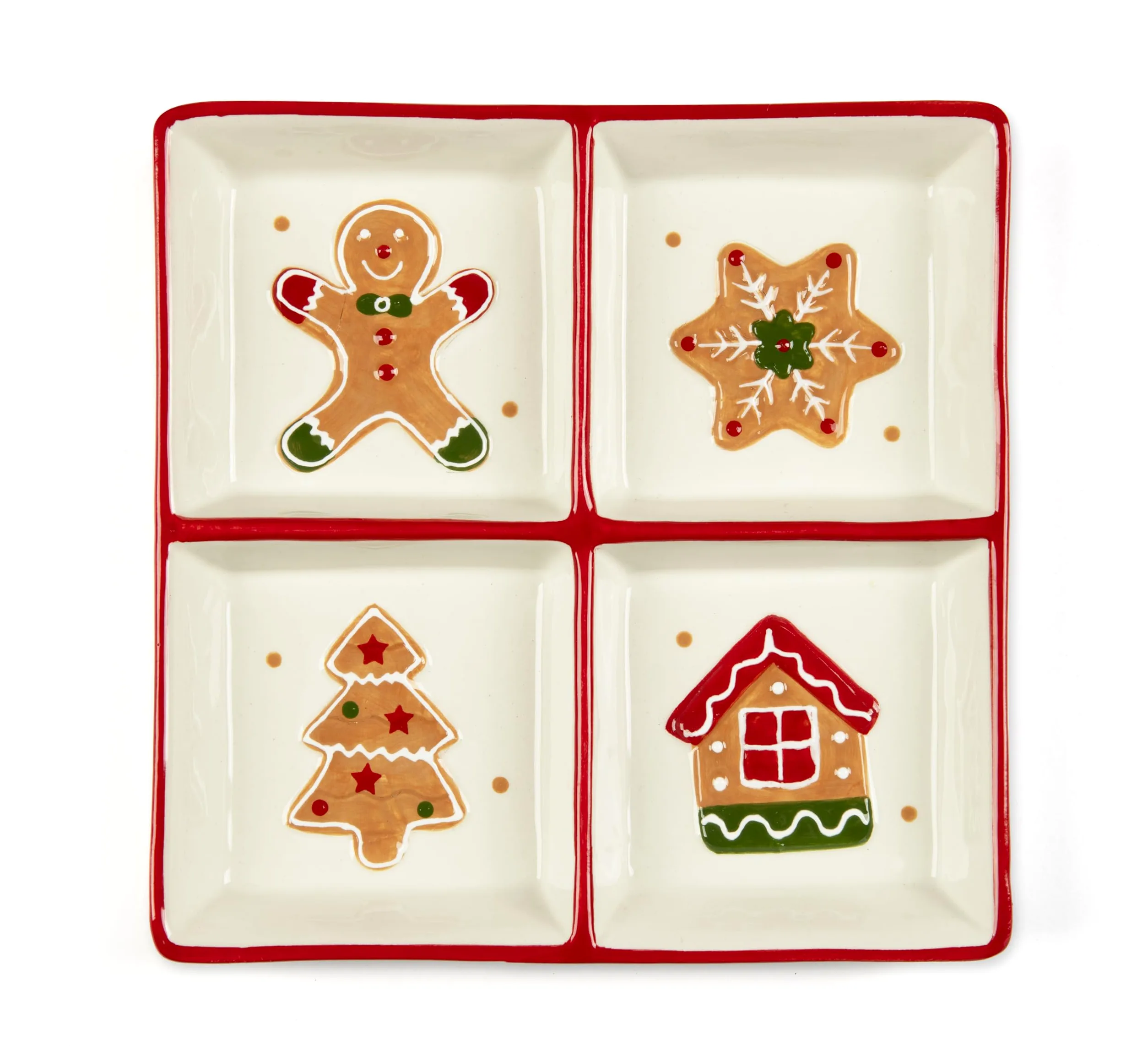 Excelsa Wonderful Ginger - Plato navideño de cerámica, 4 compartimentos, decoración de pan de jengibre, 20 x 20 cm