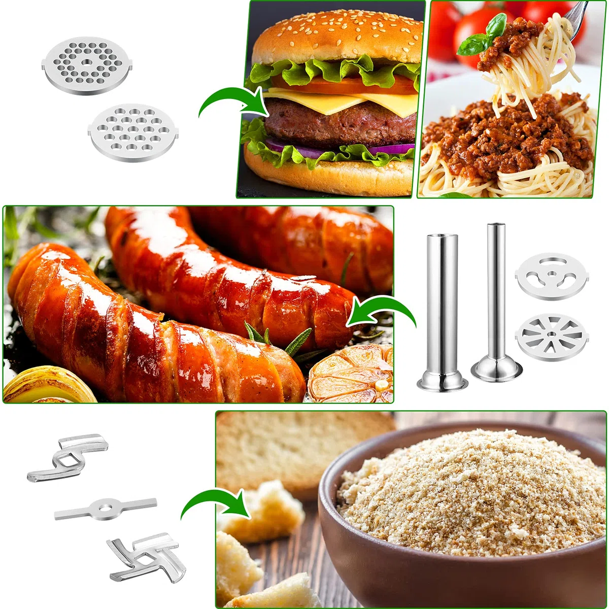 Gdrtwwh Accesorio para picadora de carne adecuado para todos los robot de cocina Kenwood y kMix, con 2 tubos de llenado de salchichas y 4 platos de molienda