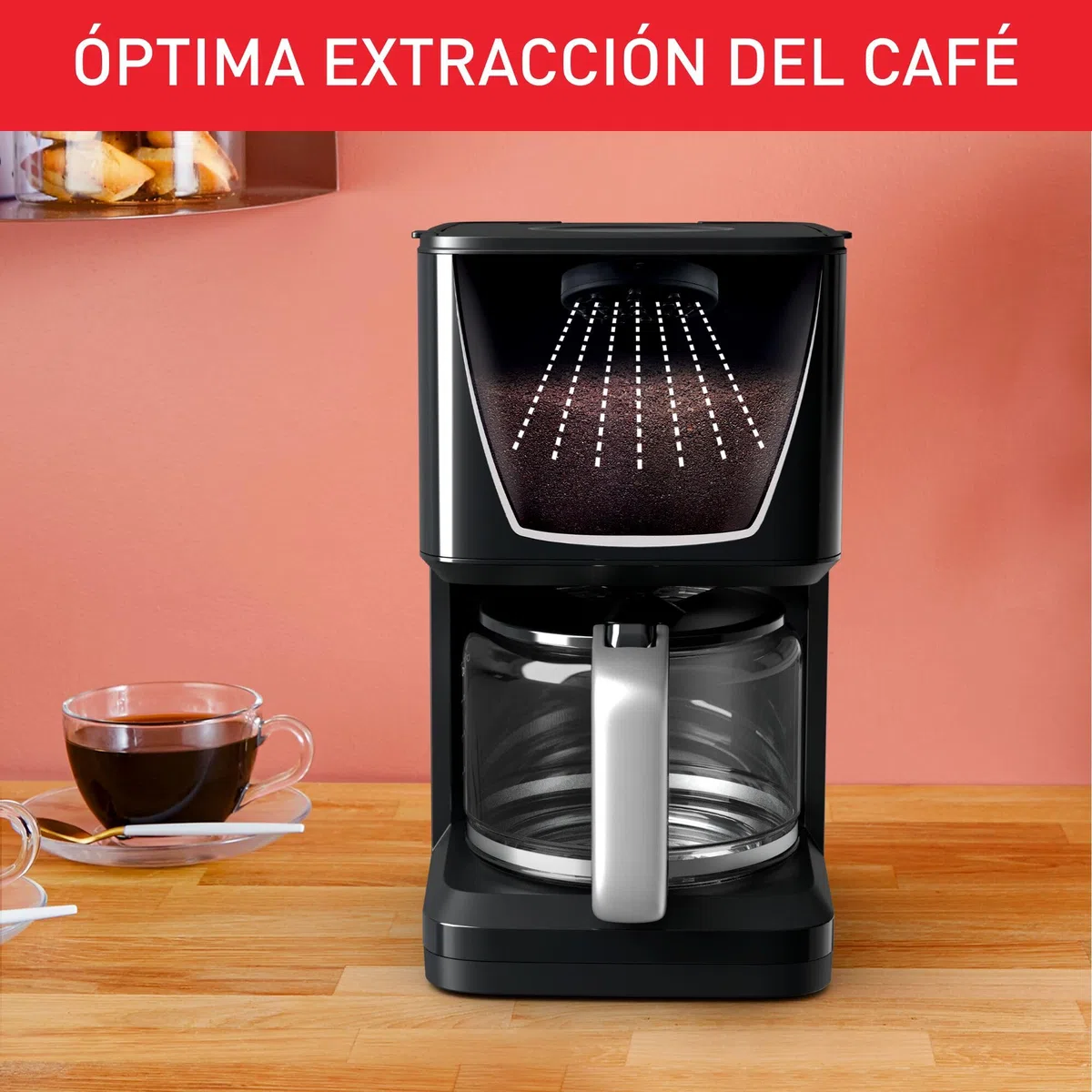 Tefal Smart N Light Cafetera Filtro, Cabezal de Extracción Extragrande, Programable 24h, Función Aroma, Apagado Automático en 30 minutos, Antigoteo, Capacidad de 1.25L, Color Negro, CM600810
